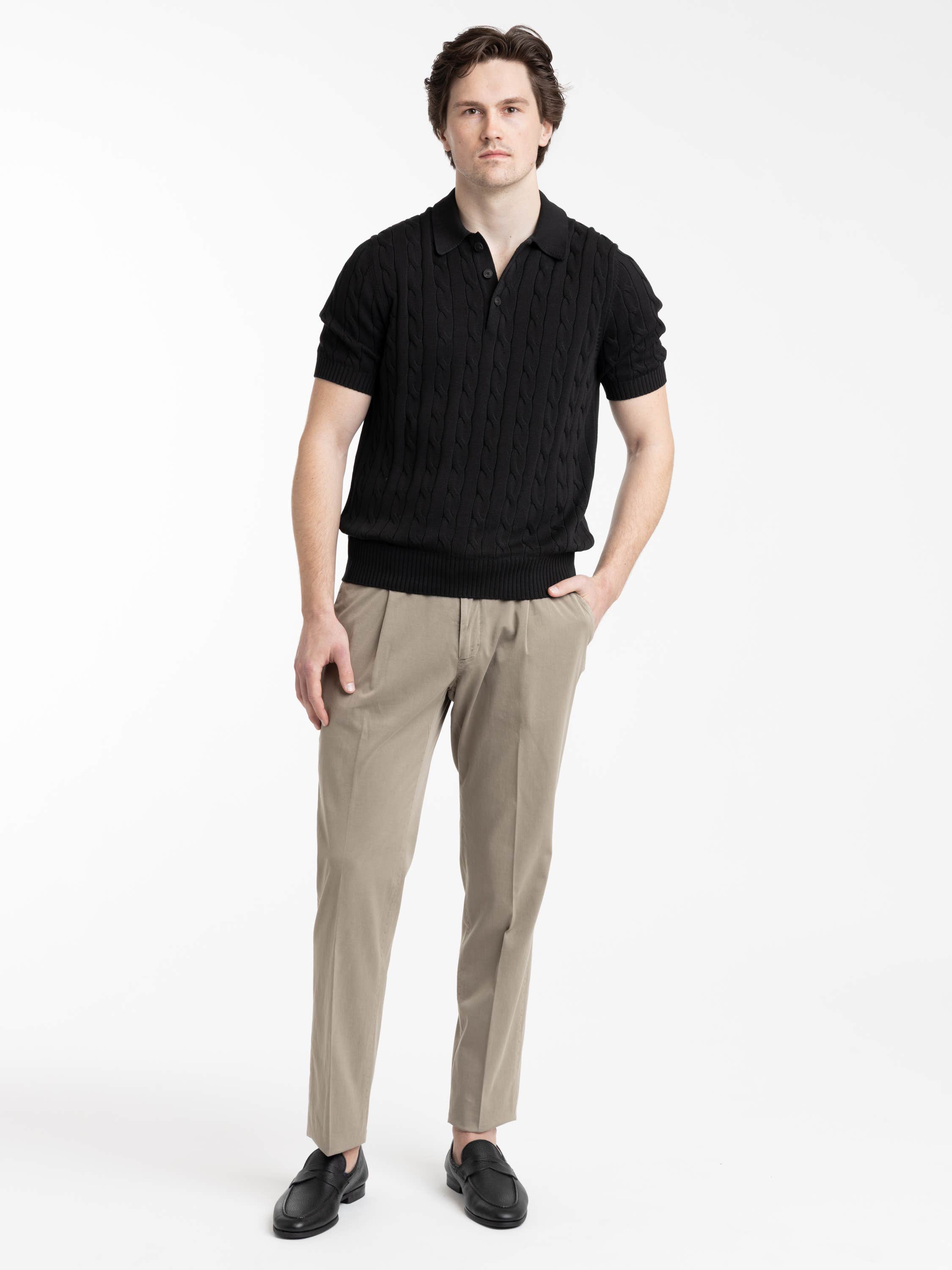 Light Brown Cotton and Silk Blend Pleated Trousers