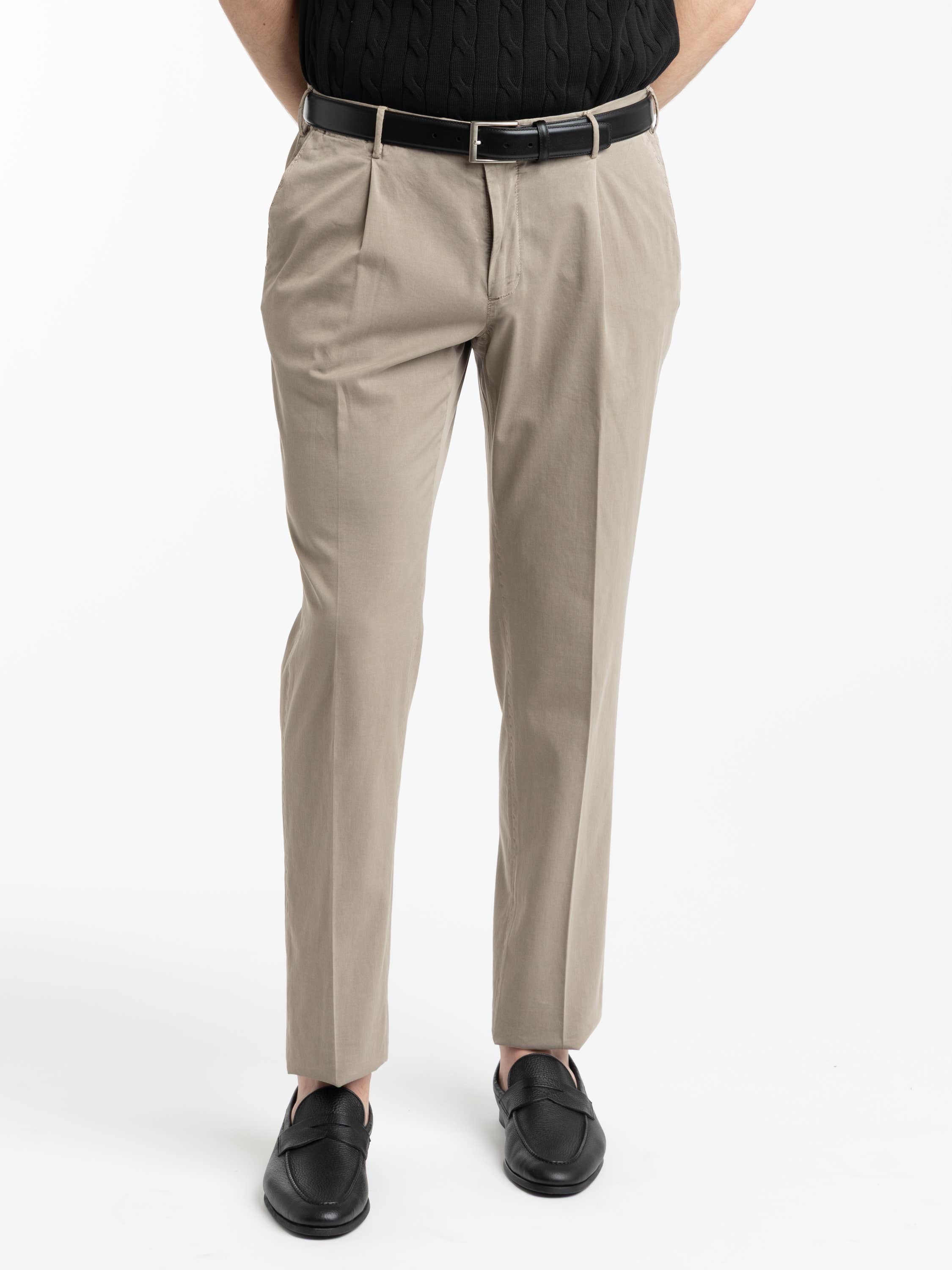 Light Brown Cotton and Silk Blend Pleated Trousers
