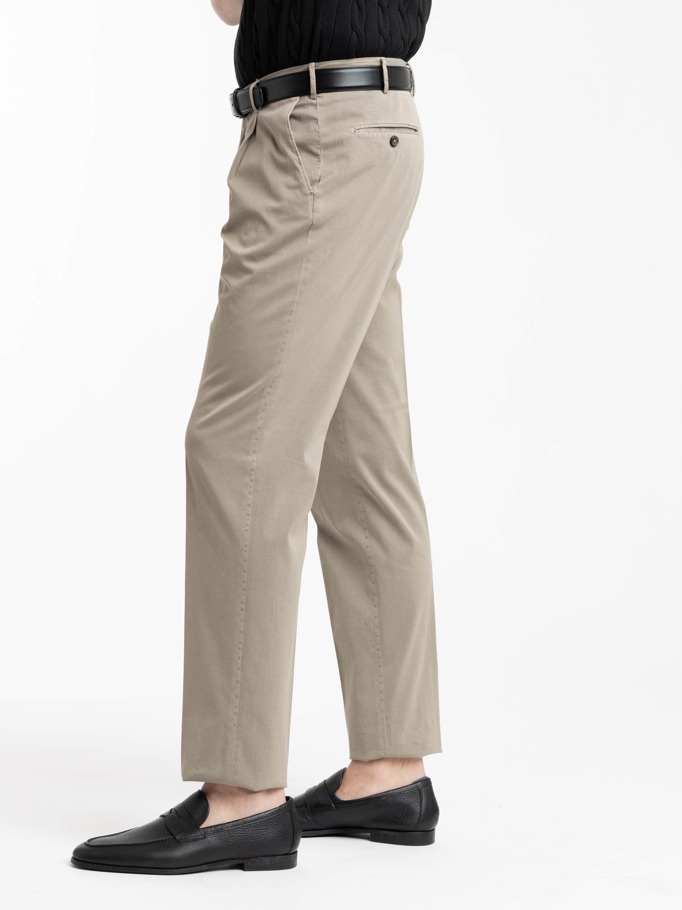 Light Brown Cotton and Silk Blend Pleated Trousers