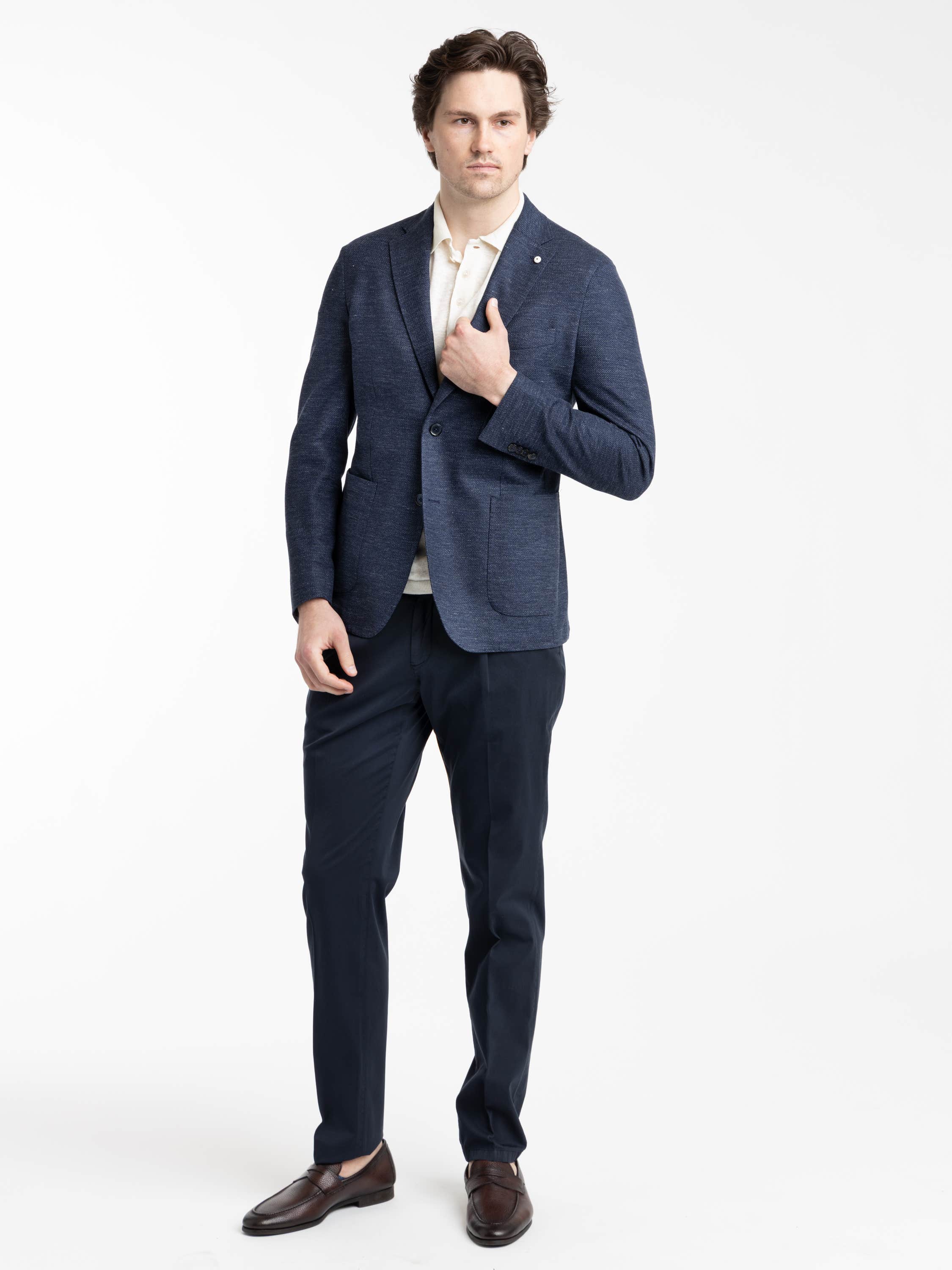 Navy Cotton and Silk Blend Pleated Trousers