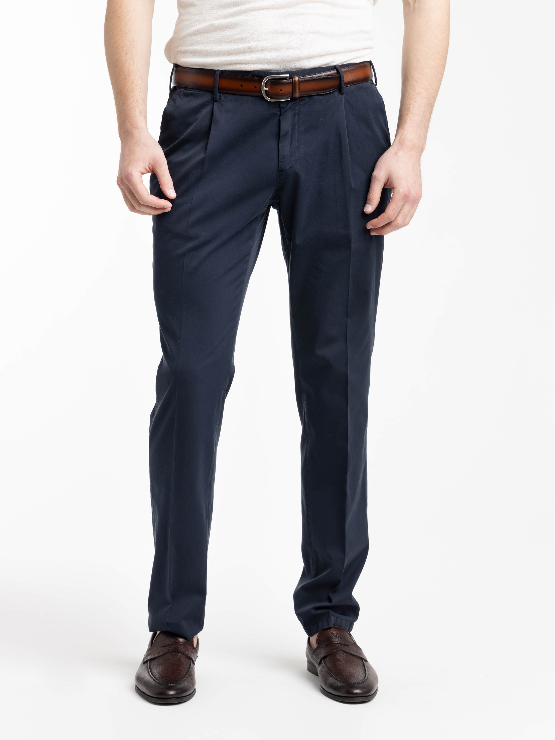 Navy Cotton and Silk Blend Pleated Trousers