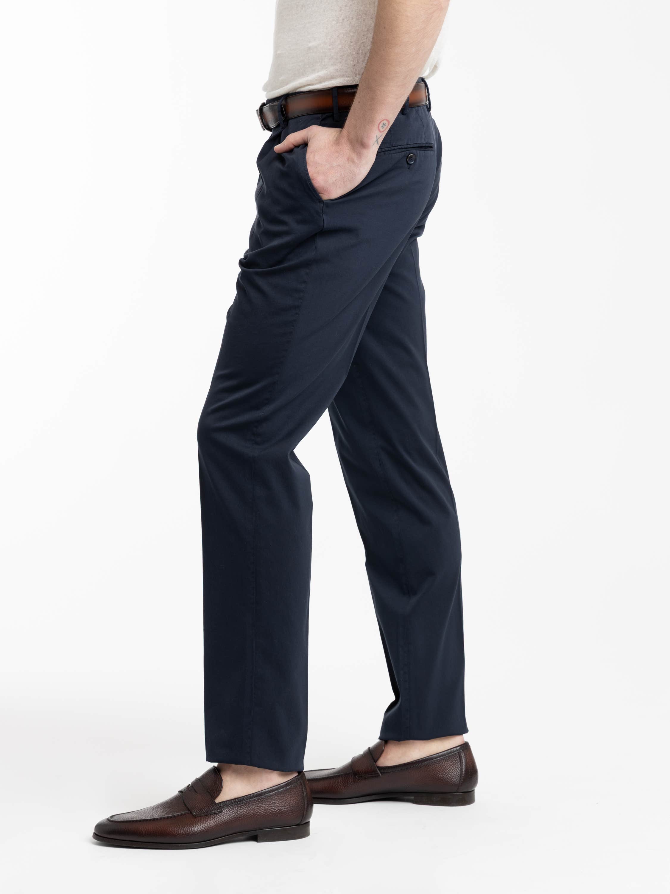 Navy Cotton and Silk Blend Pleated Trousers
