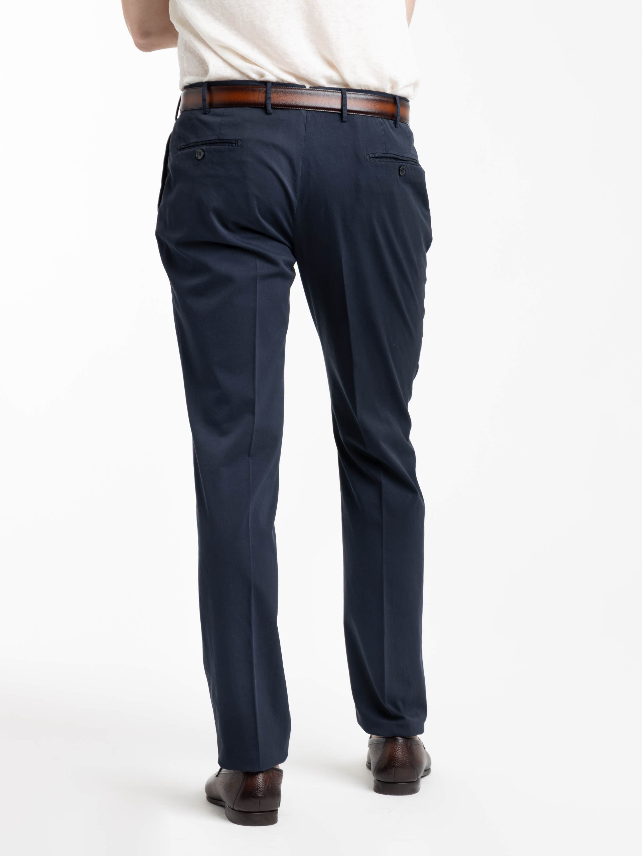 Navy Cotton and Silk Blend Pleated Trousers