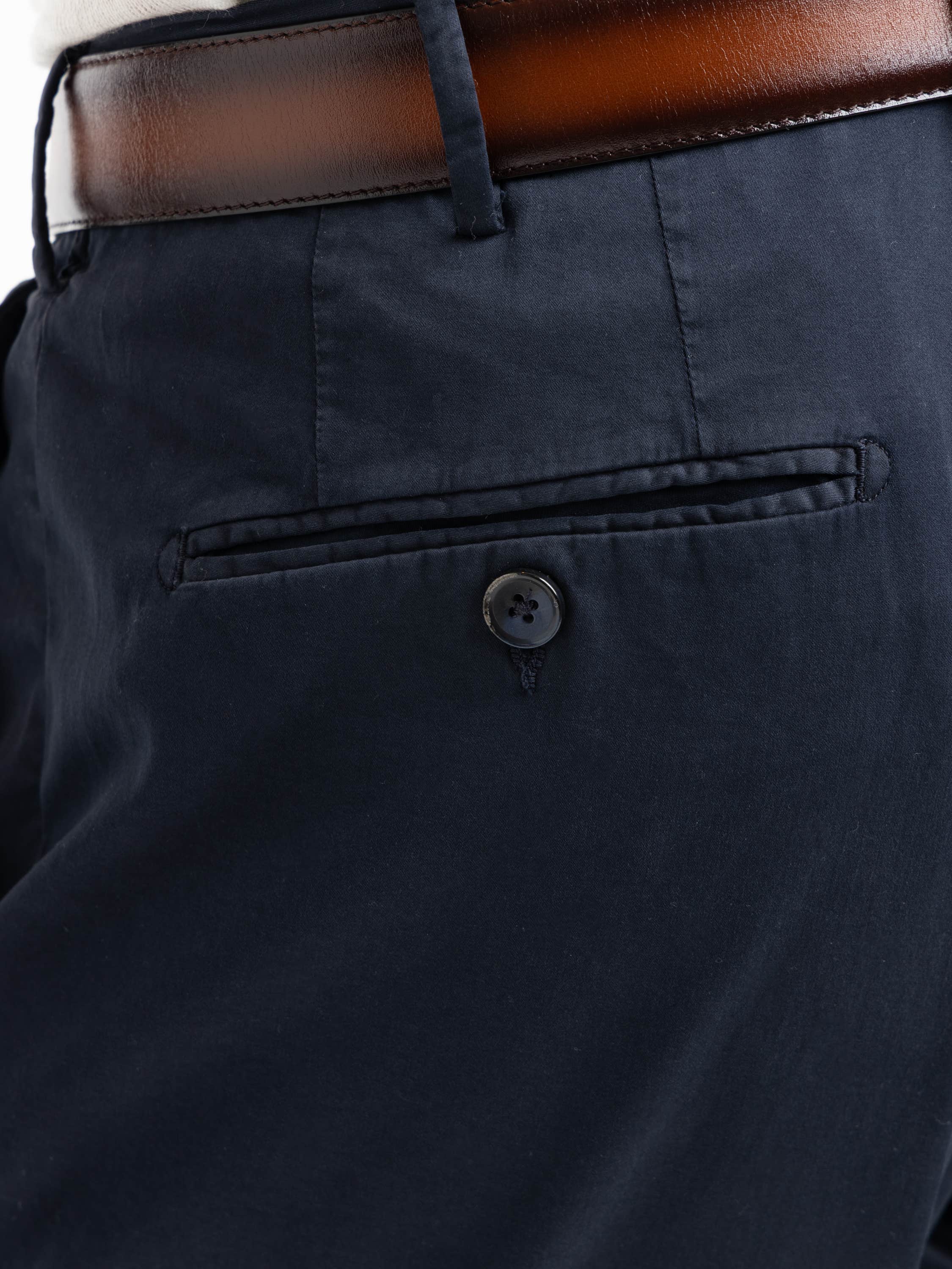 Navy Cotton and Silk Blend Pleated Trousers