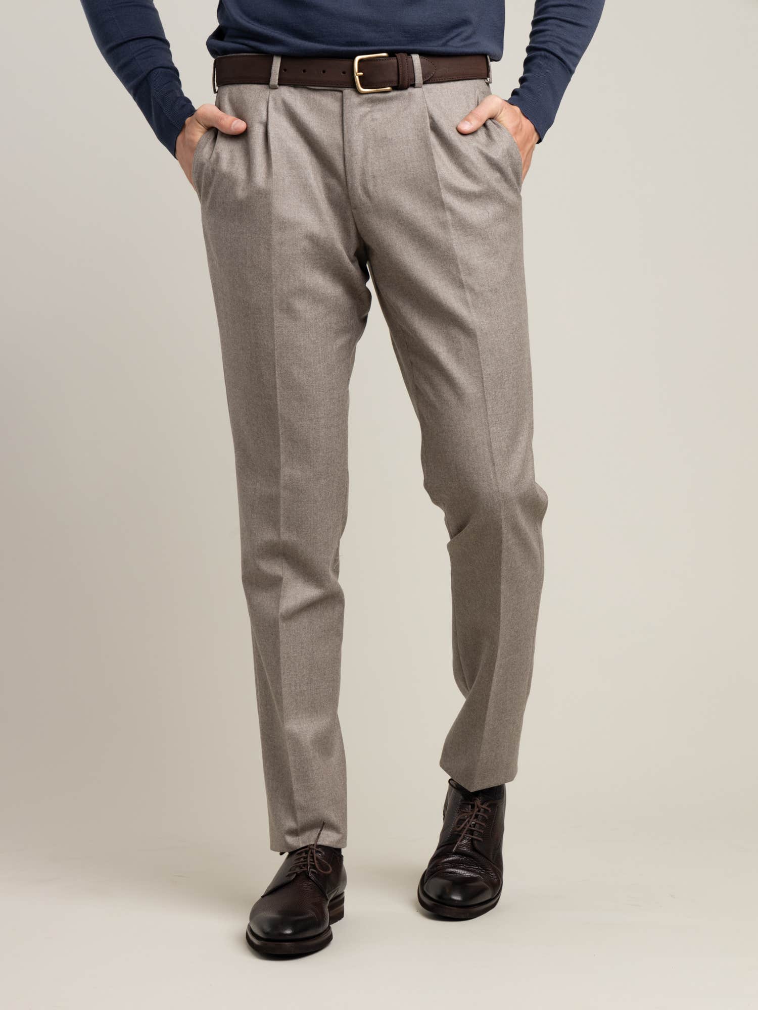 Oat Coloured Single Pleated Flannel Pants