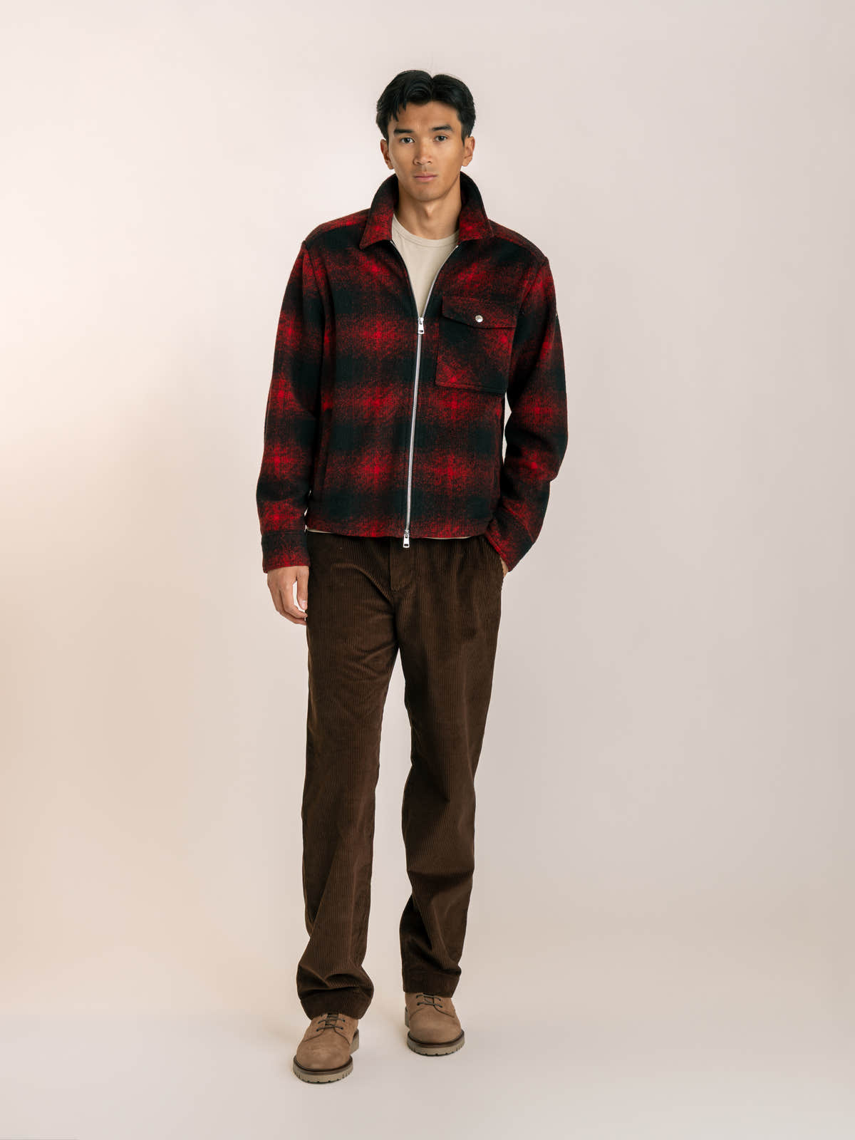 Red Checked Zip-Front Overshirt