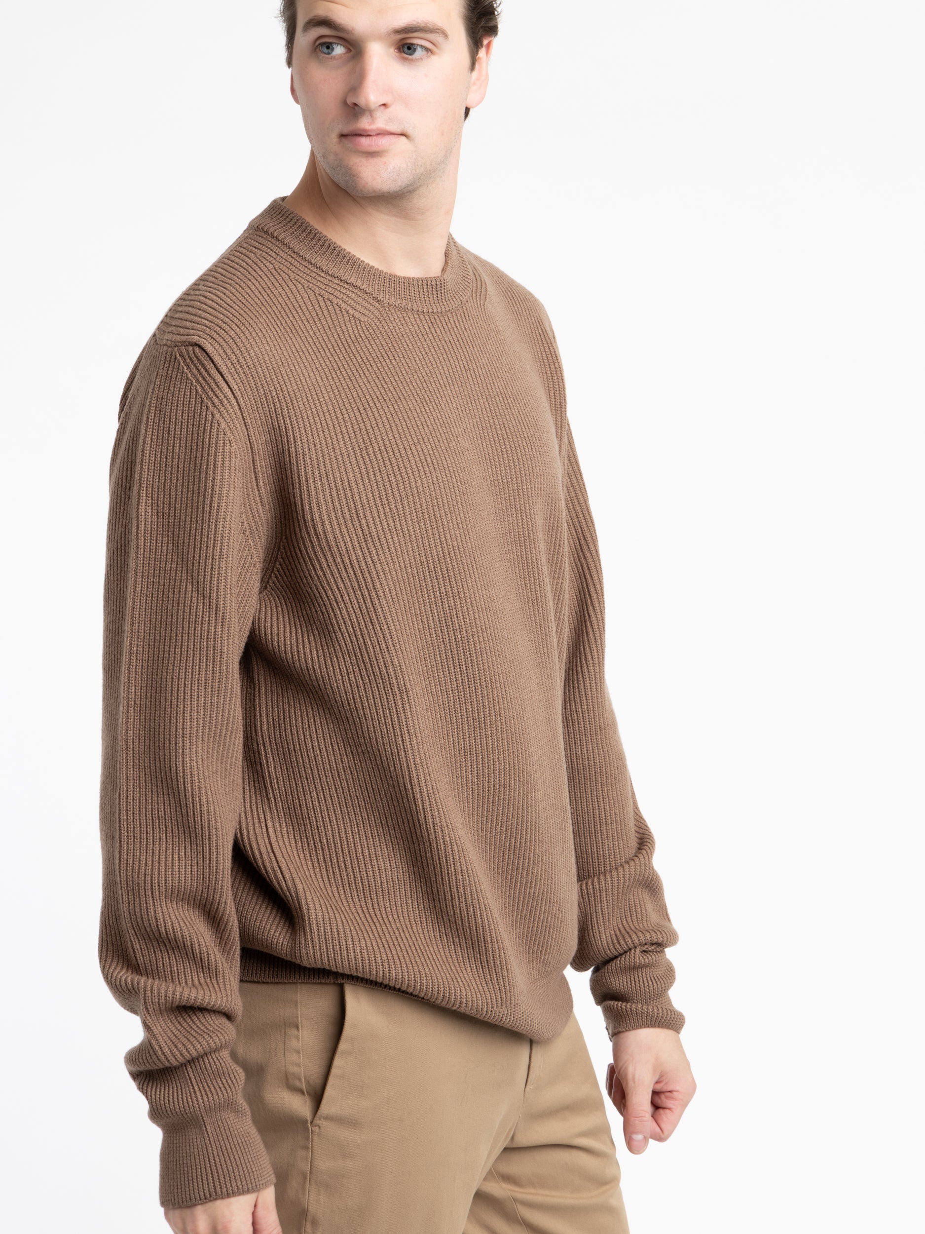 Khaki Fine Merino Rib Crewneck The Helm Clothing