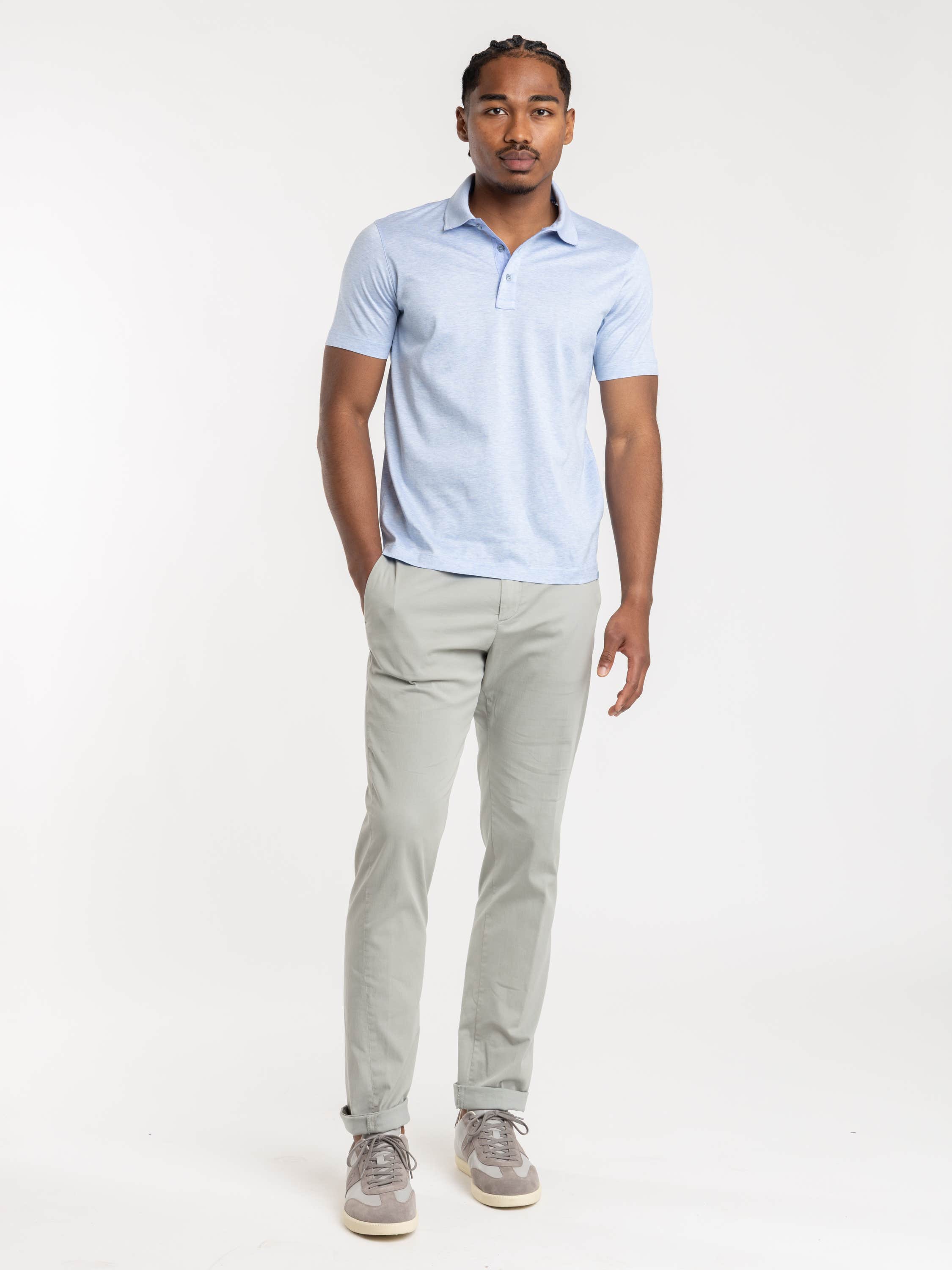 Cerulean Polo Shirt In Double Mercerised Cotton Jersey With Linen Details
