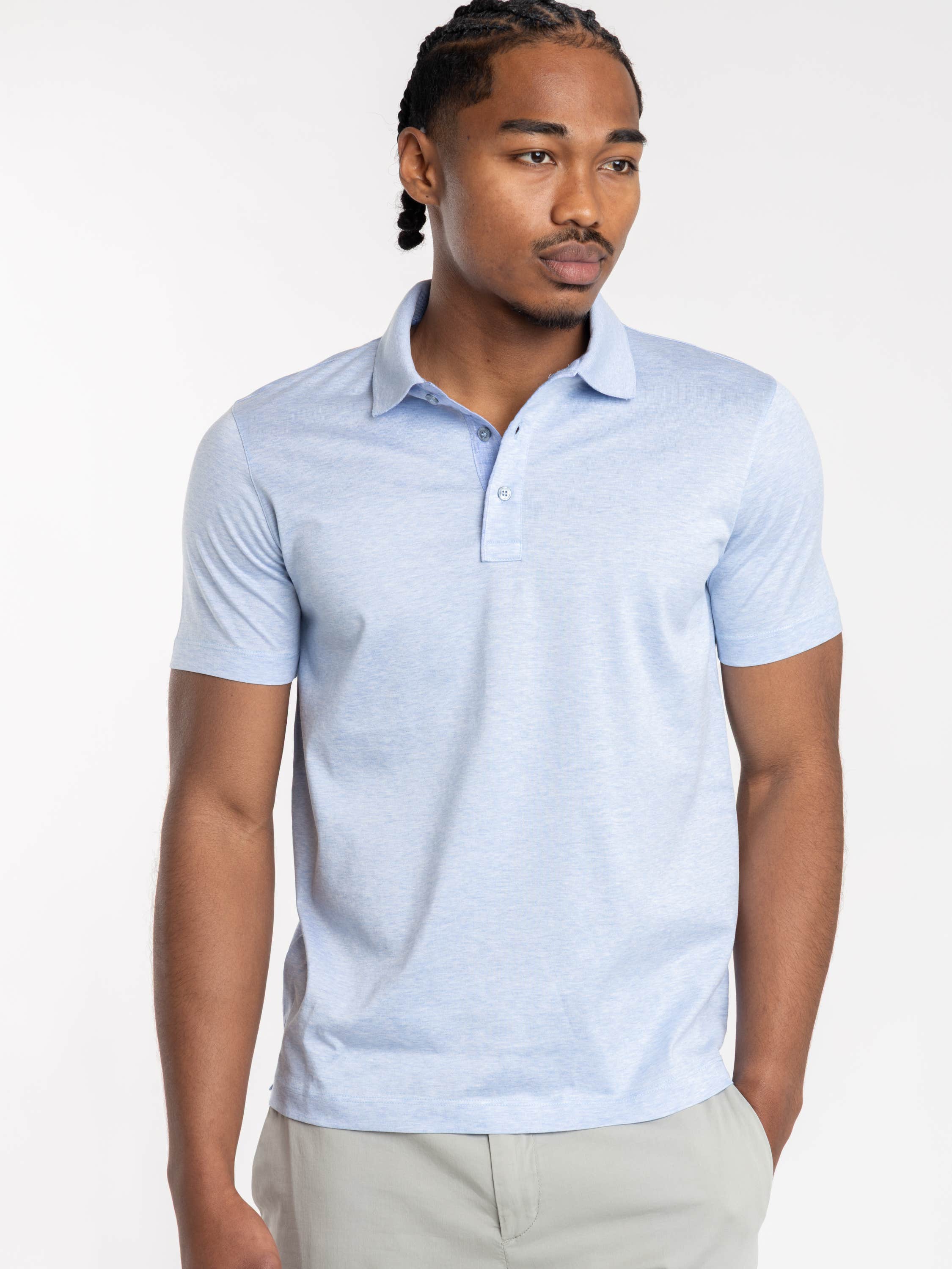 Cerulean Polo Shirt In Double Mercerised Cotton Jersey With Linen Details