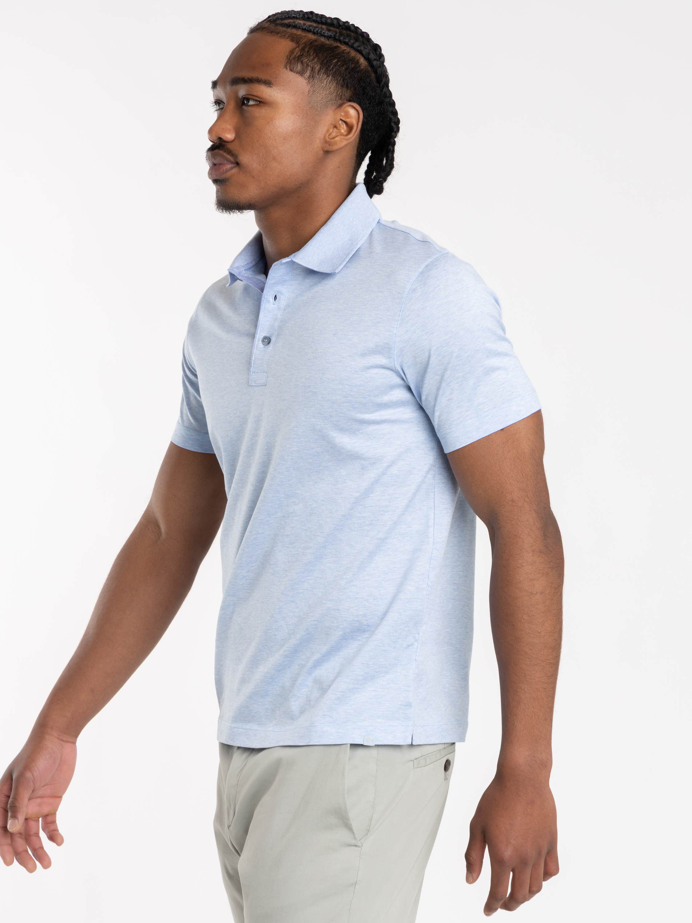 Cerulean Polo Shirt In Double Mercerised Cotton Jersey With Linen Details
