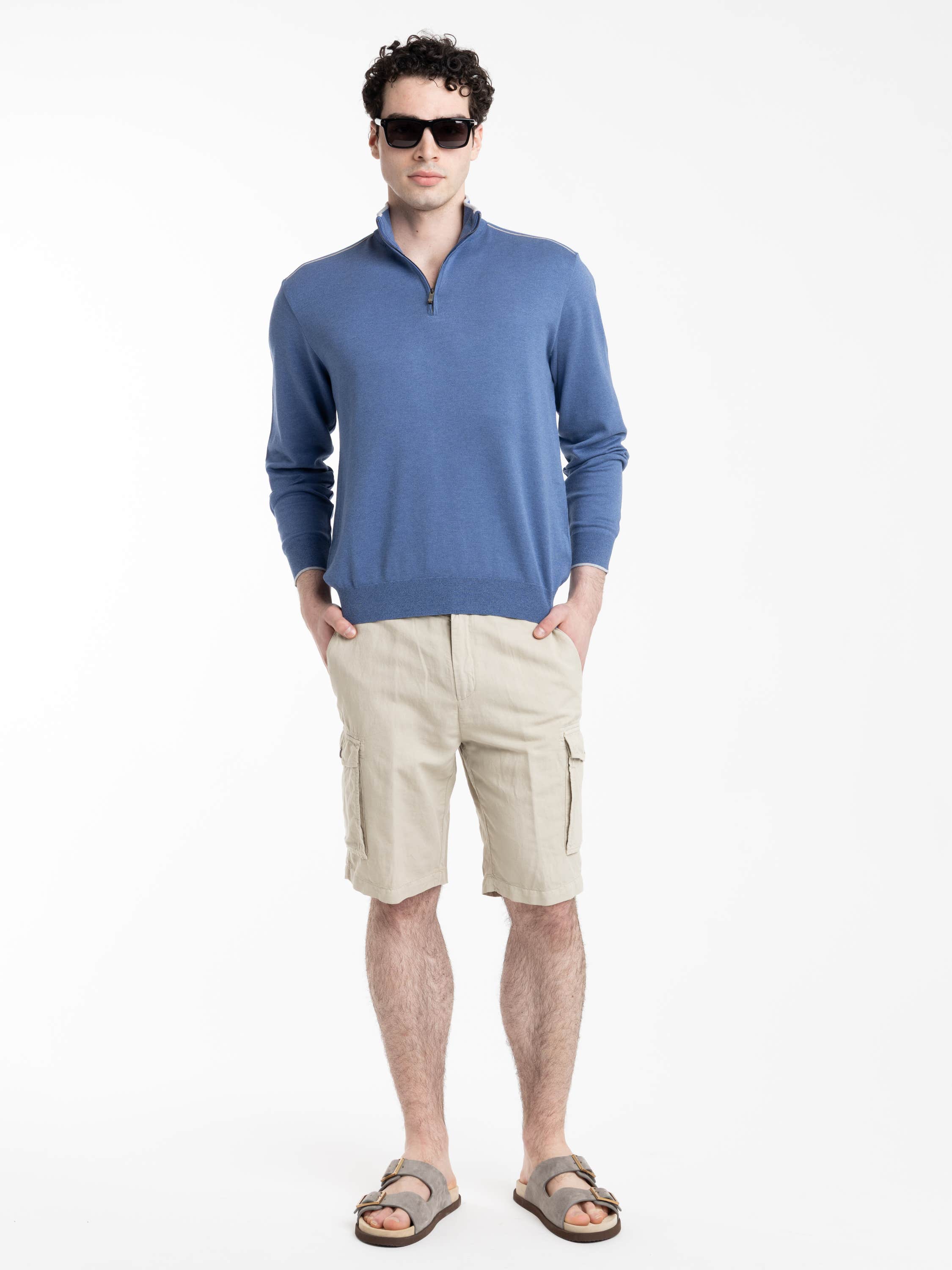 Colony Blue Half‑zip Cotton and Silk Sweater