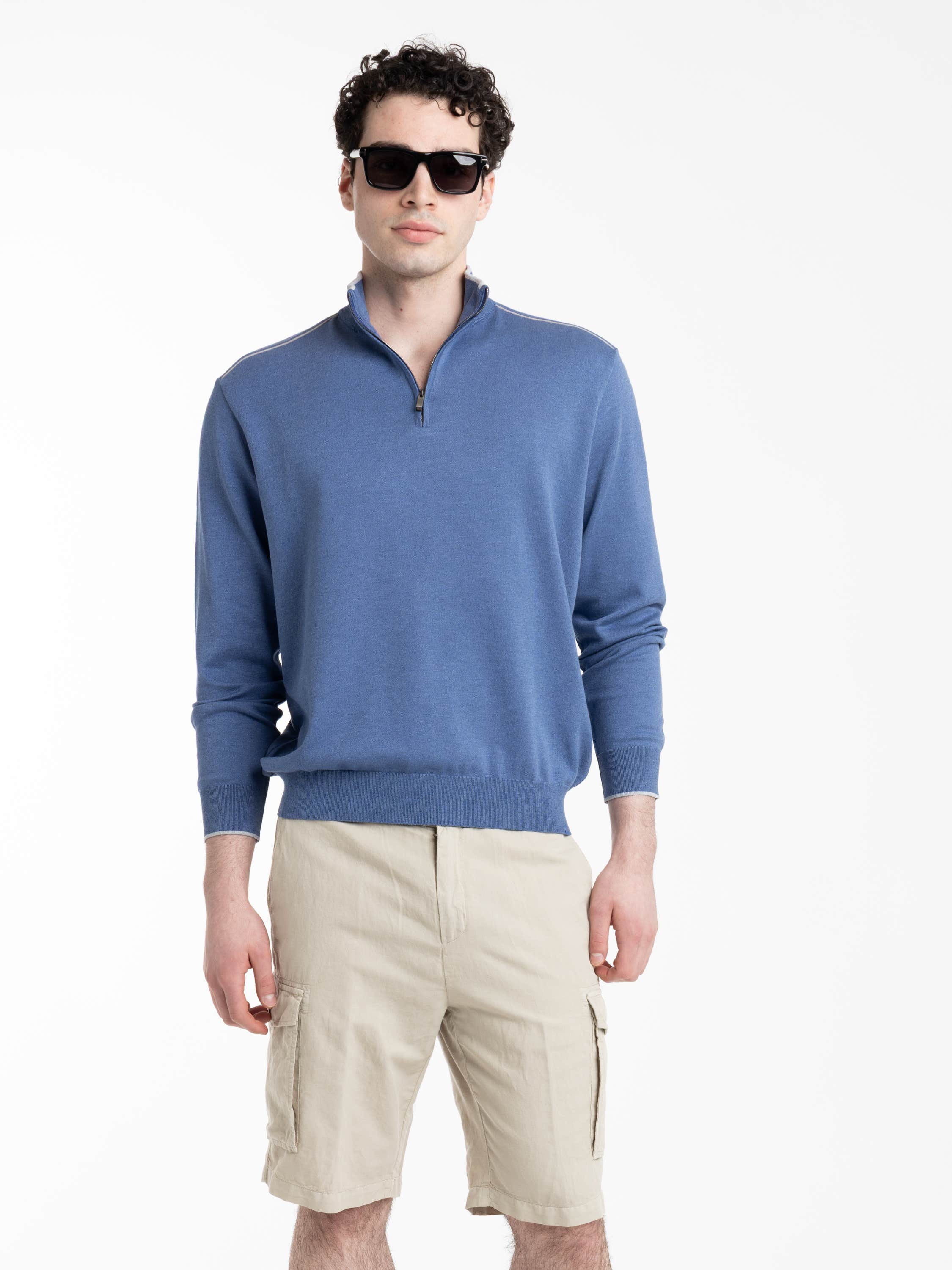 Colony Blue Half‑zip Cotton and Silk Sweater