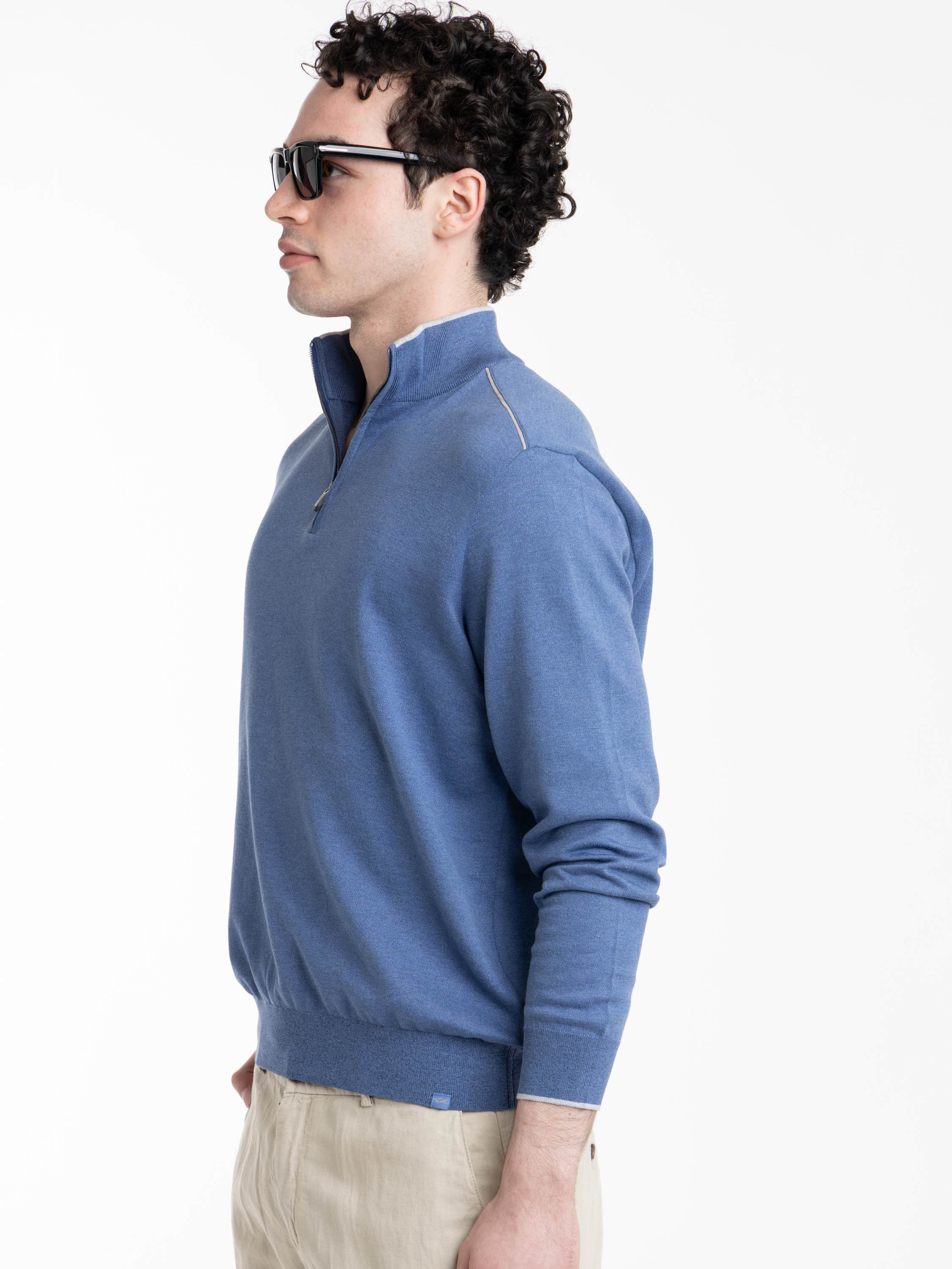 Colony Blue Half‑zip Cotton and Silk Sweater