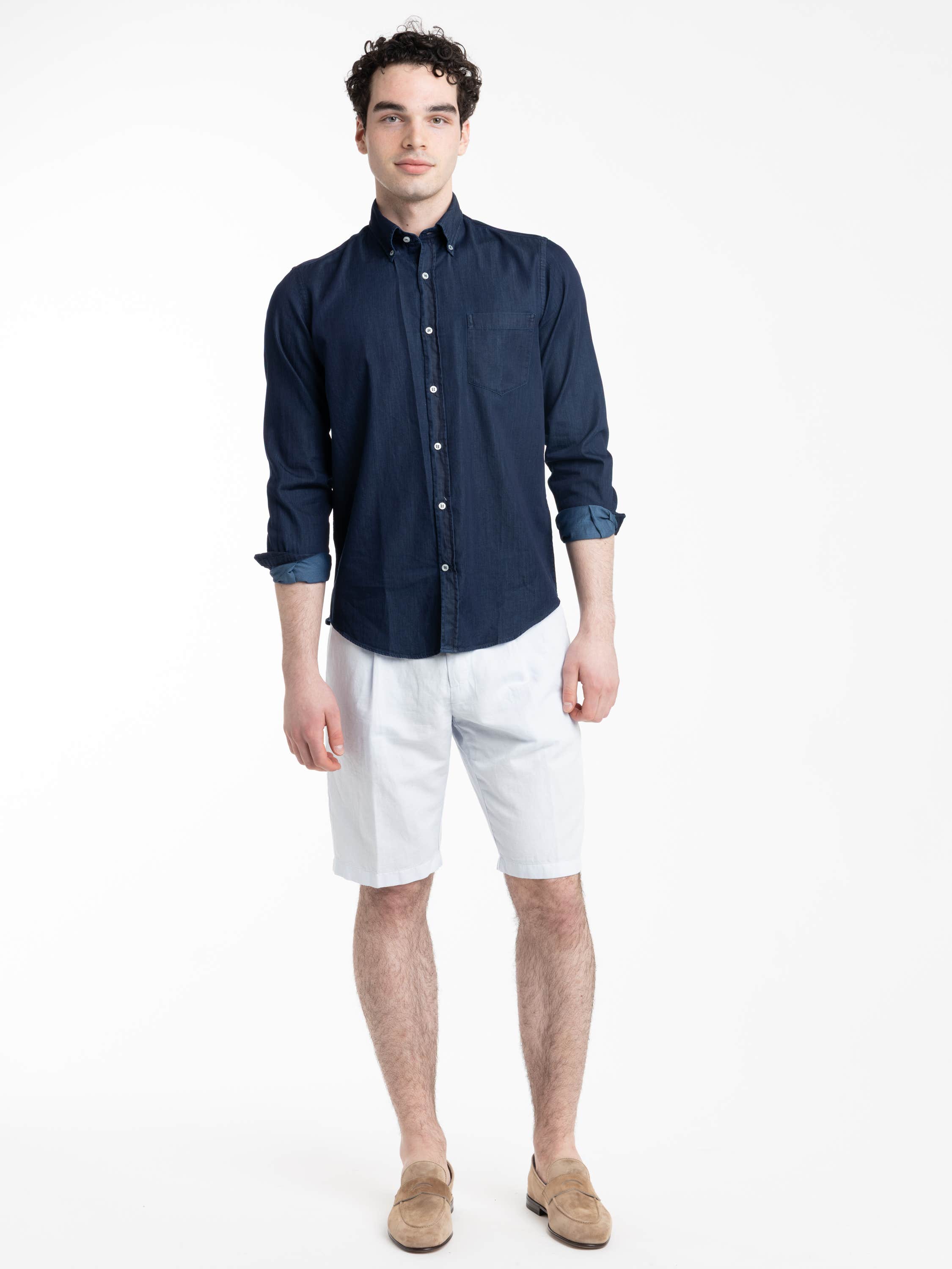 Light Blue Linen and Cotton Bermuda Shorts