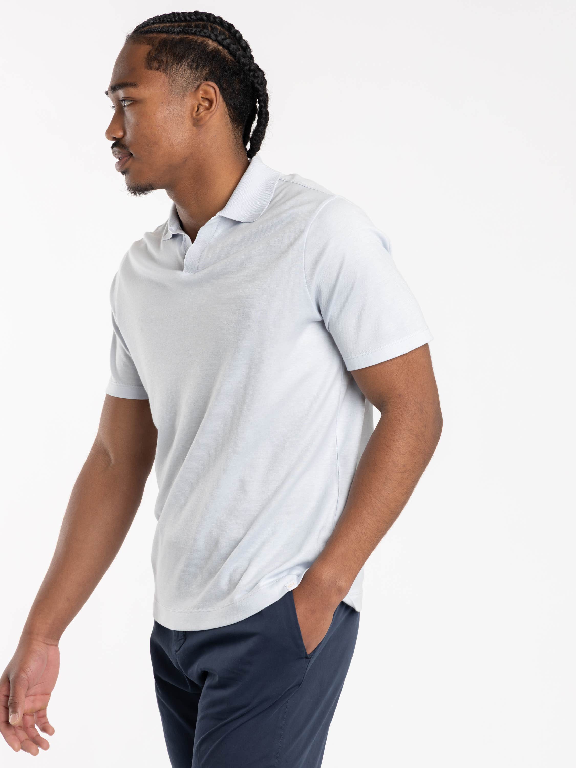 Light Blue X-Soft Open-Collar Polo Shirt In Cotton Interlock