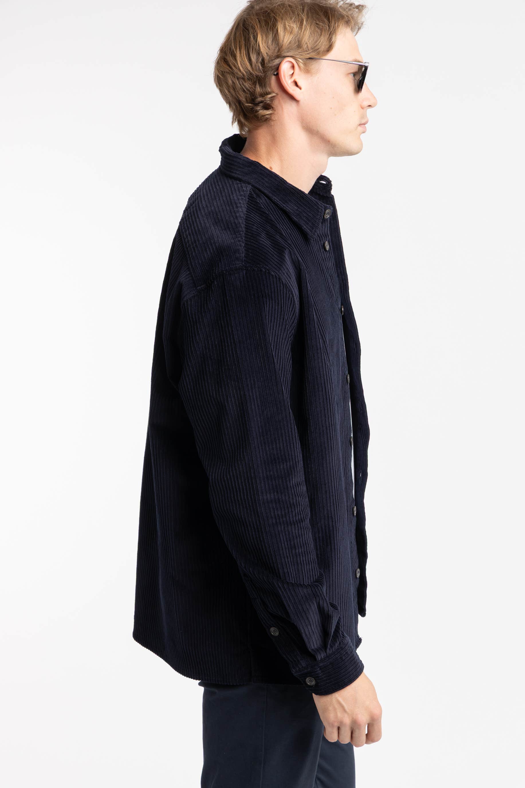 Navy Cotton Corduroy Overshirt With Chest Pocket
