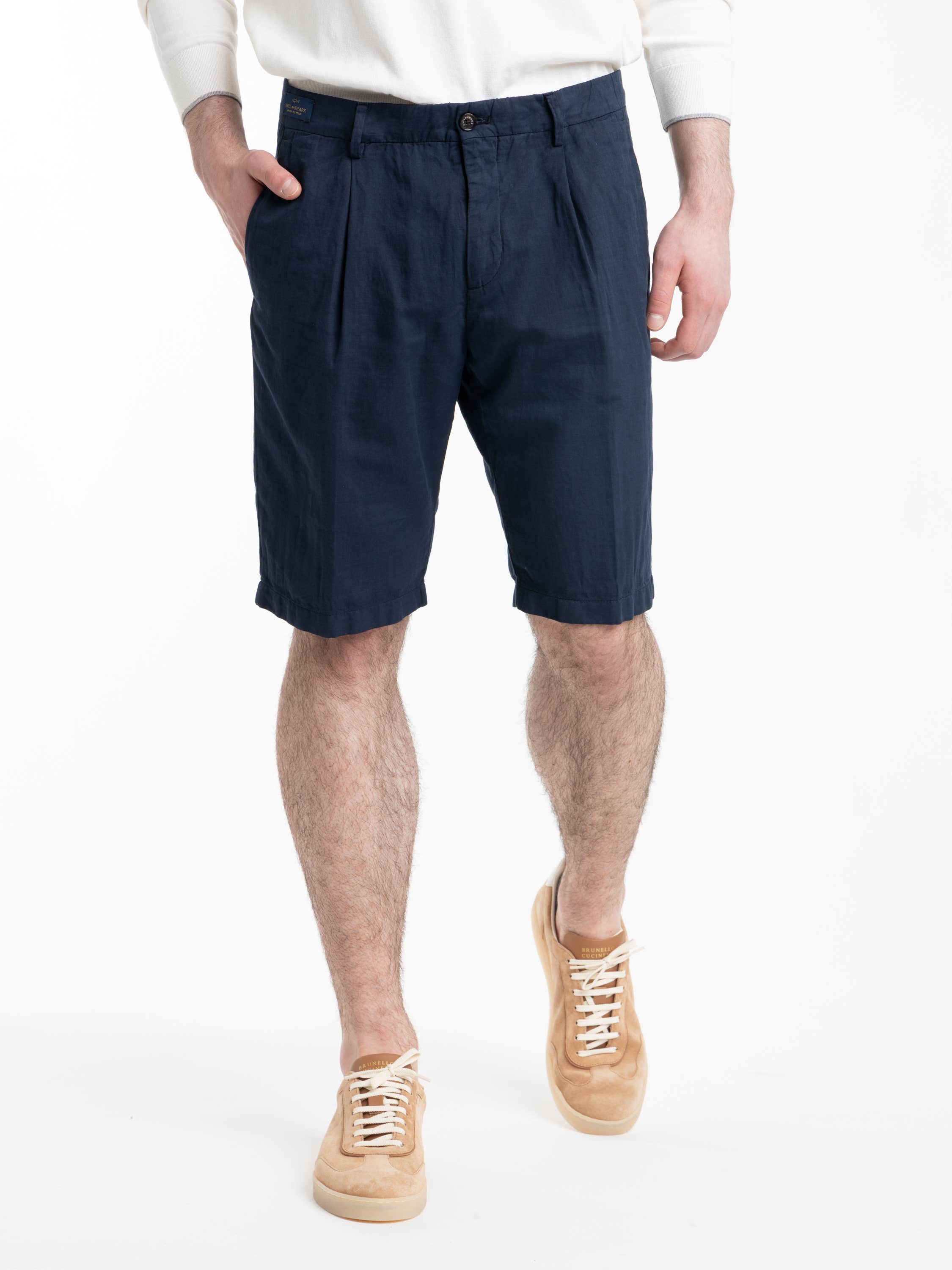 Navy Linen and Cotton Bermuda Shorts