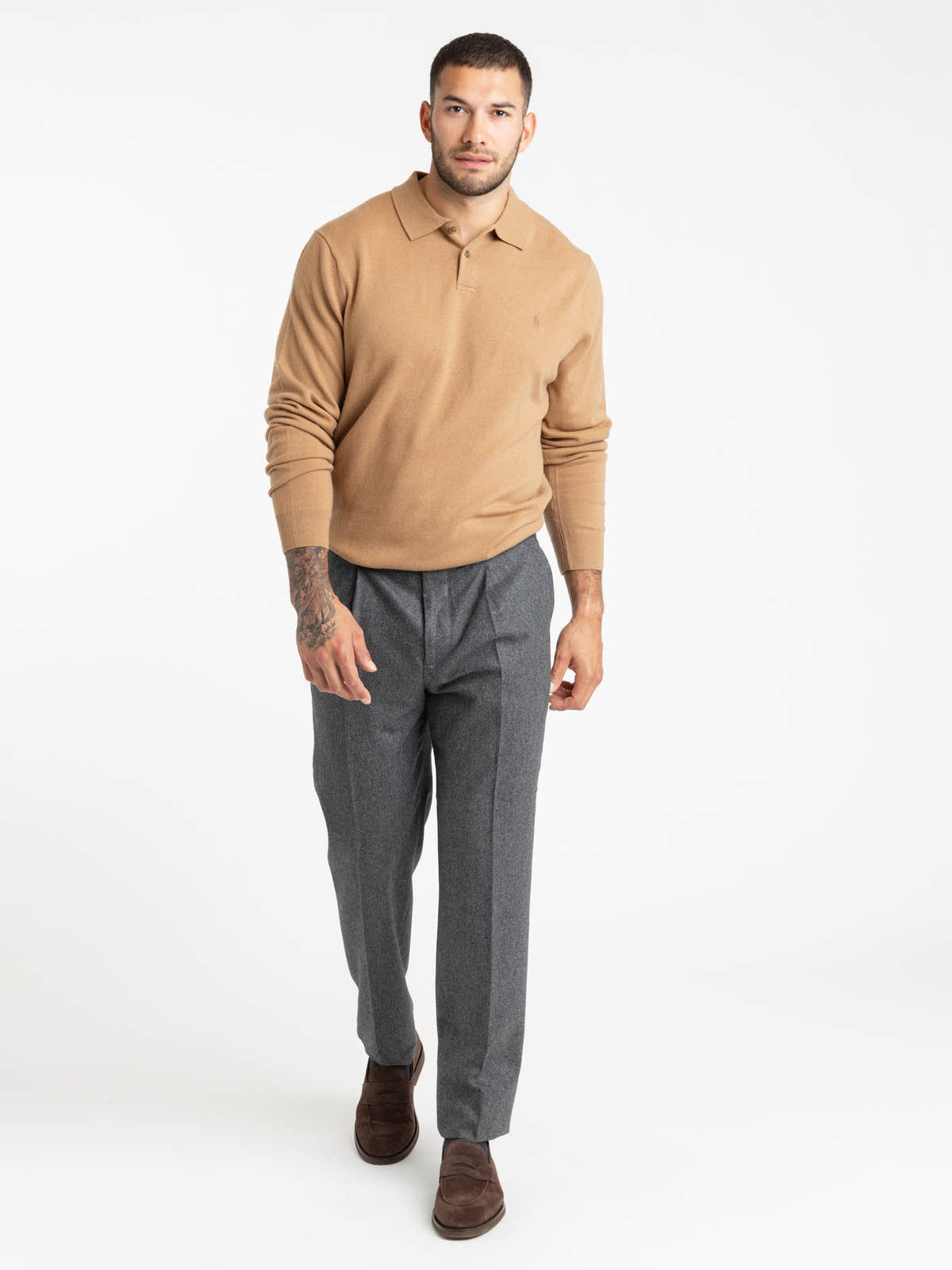 Crouton Tan Heather Wool Polo-Collar Sweater
