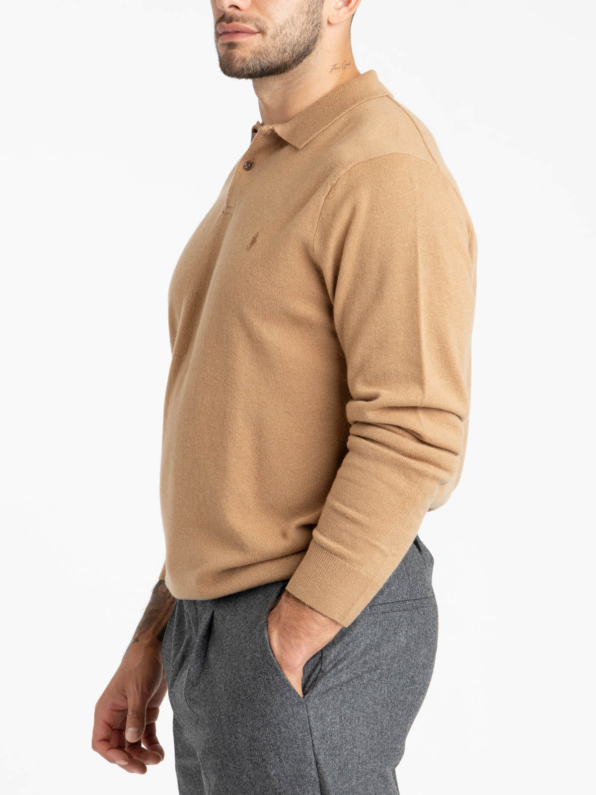 Crouton Tan Heather Wool Polo-Collar Sweater