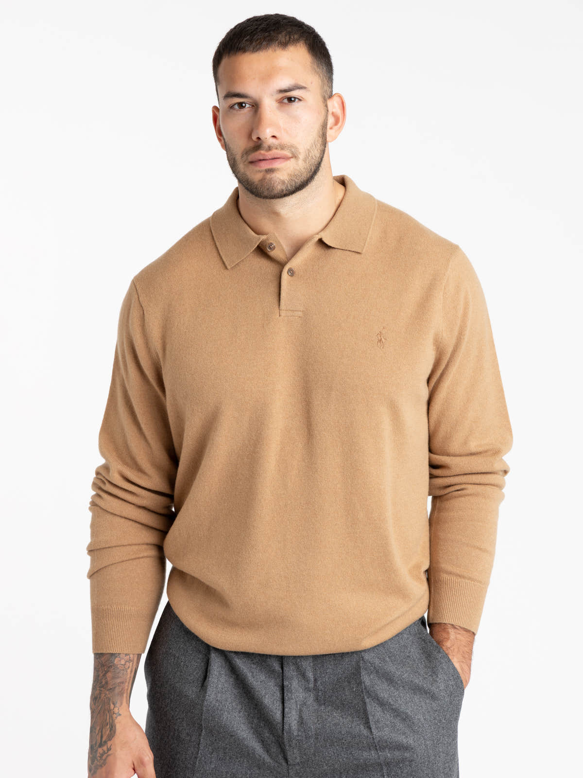 Crouton Tan Heather Wool Polo-Collar Sweater