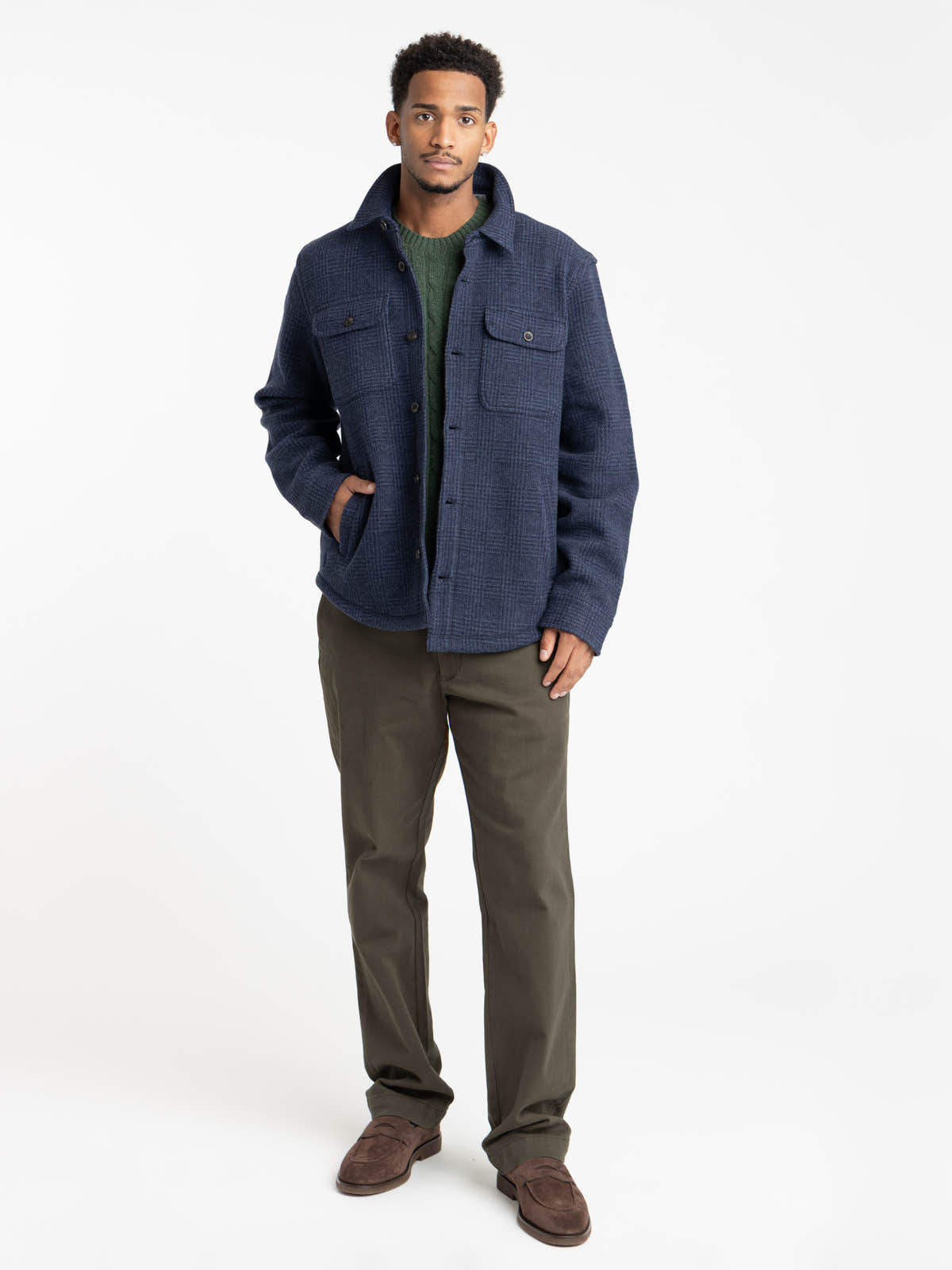 Navy Check Wool-Blend Overshirt