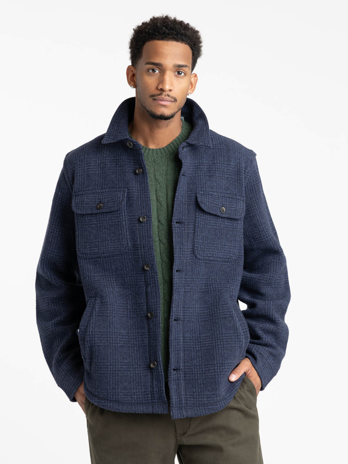 Navy Check Wool-Blend Overshirt