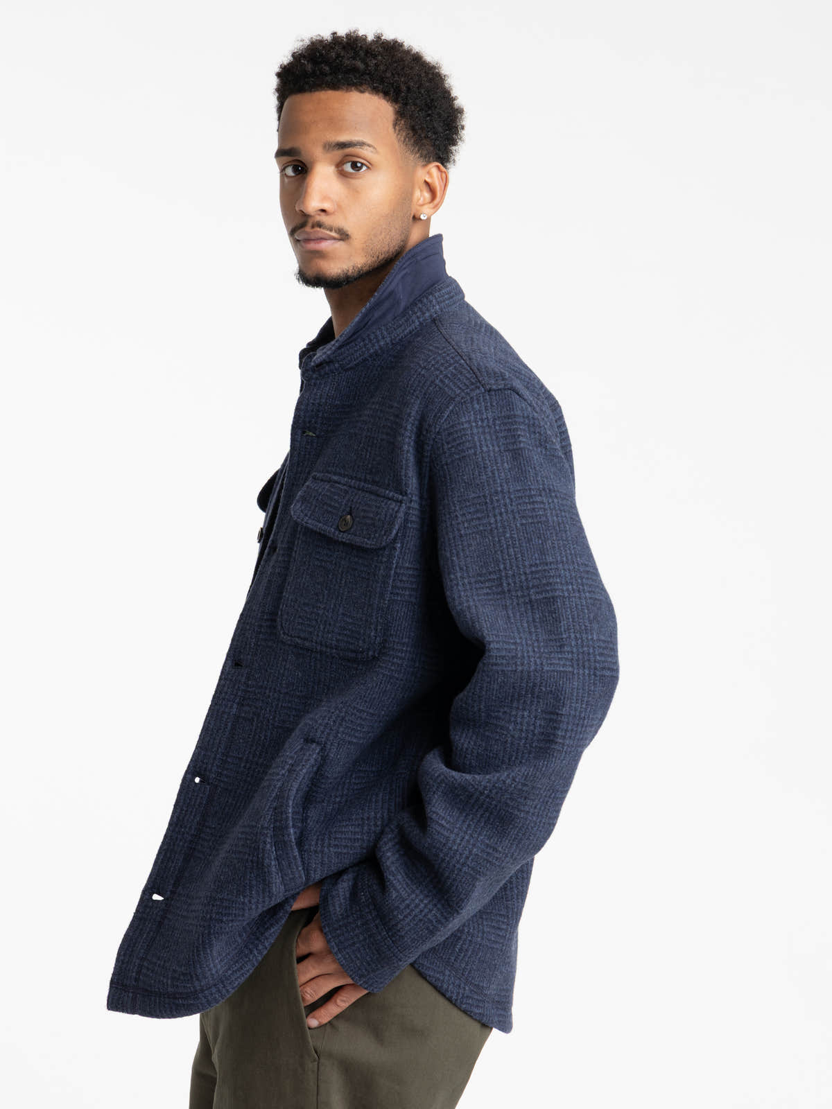 Navy Check Wool-Blend Overshirt