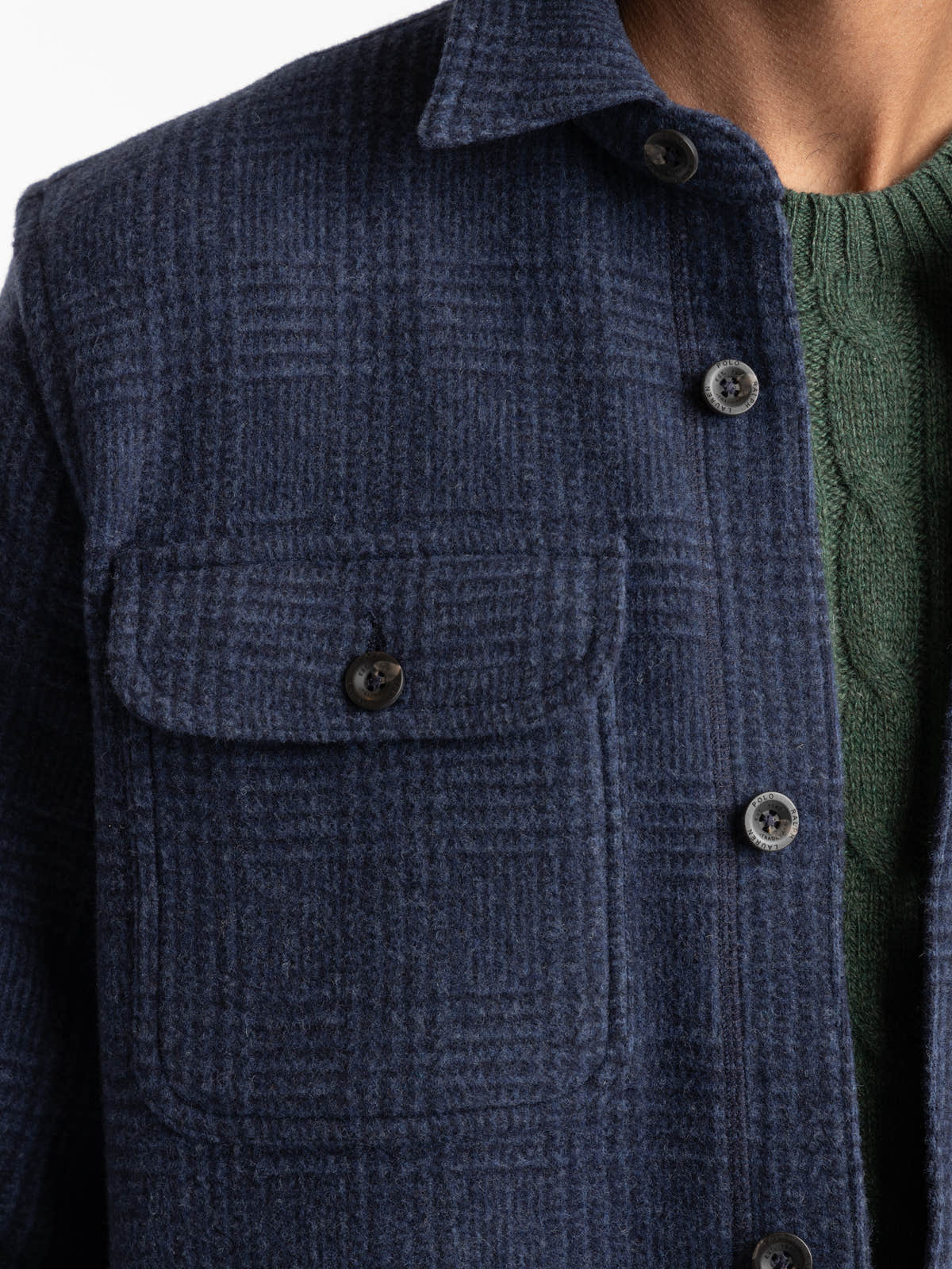 Navy Check Wool-Blend Overshirt