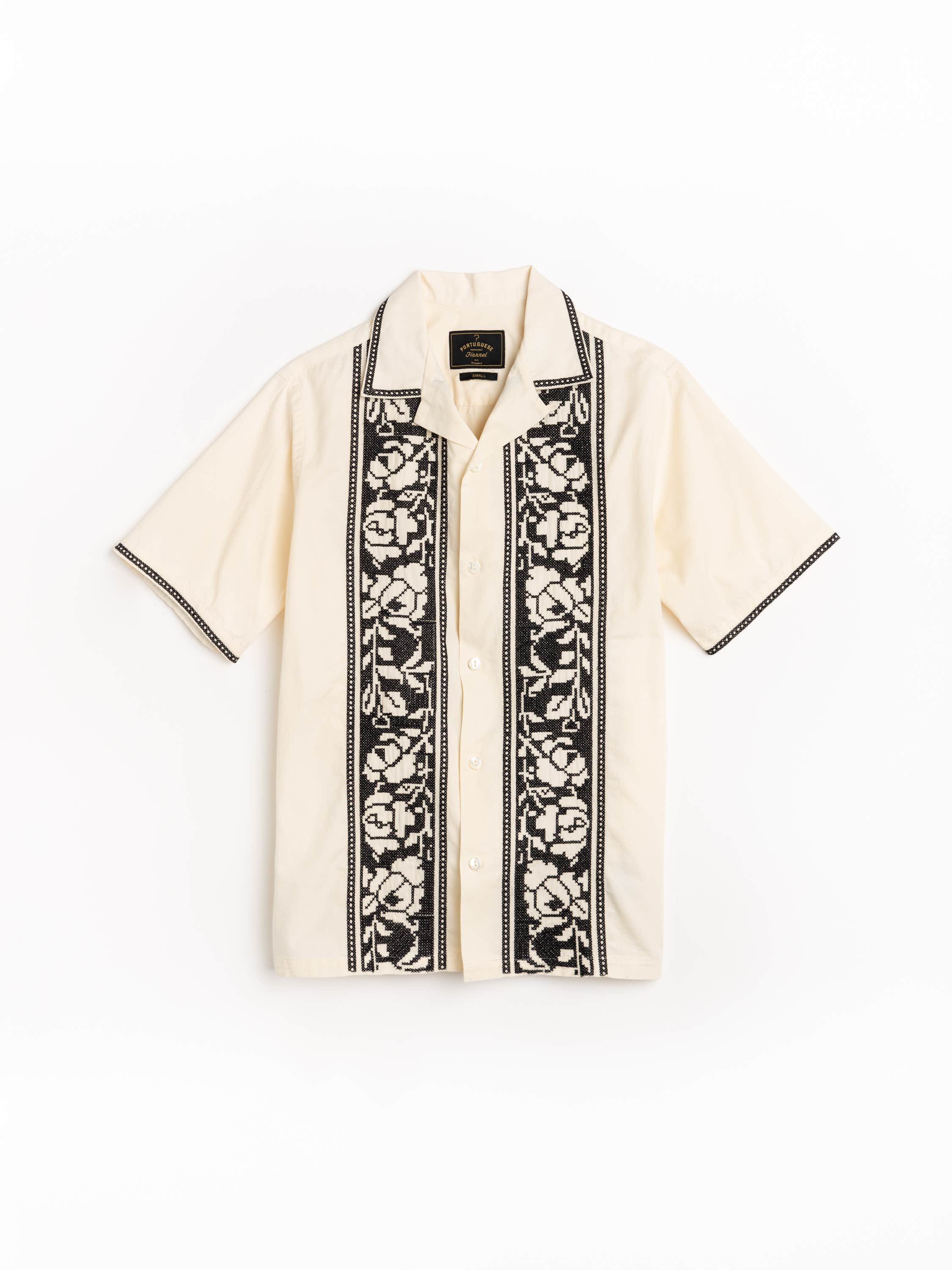 Light Beige Cross Stitch-Ecru Camp Collar Shirt