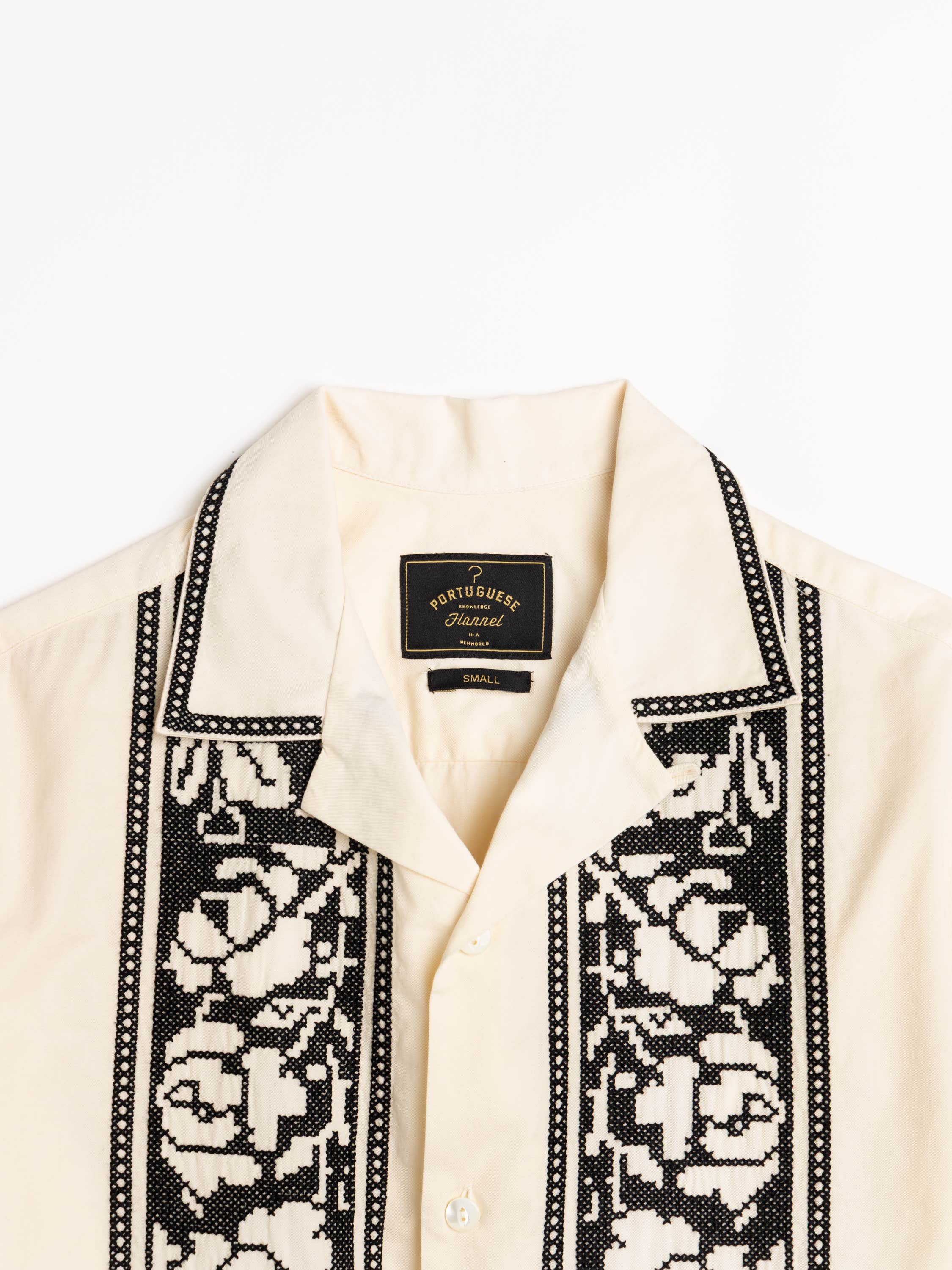 Light Beige Cross Stitch-Ecru Camp Collar Shirt