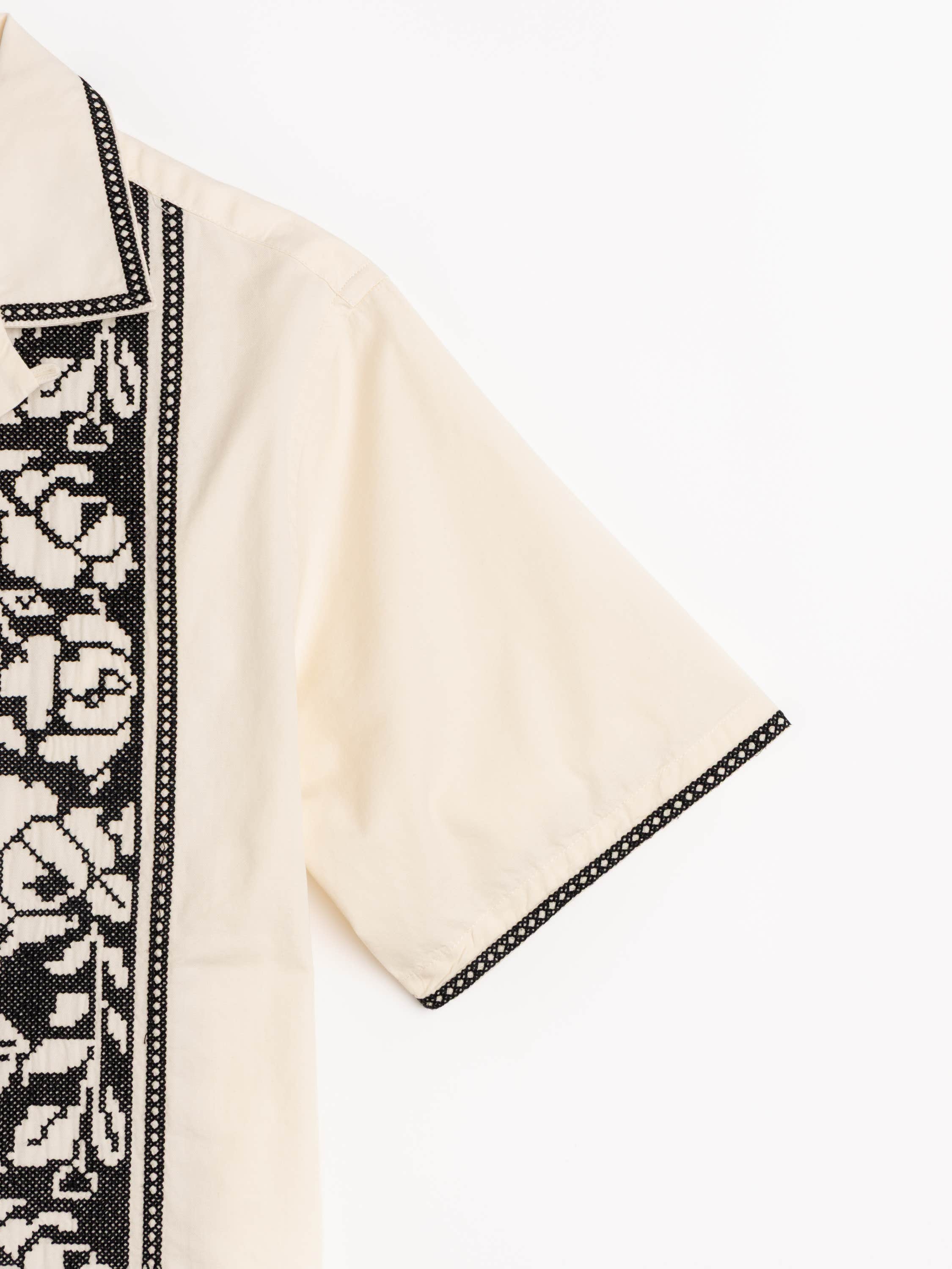Light Beige Cross Stitch-Ecru Camp Collar Shirt