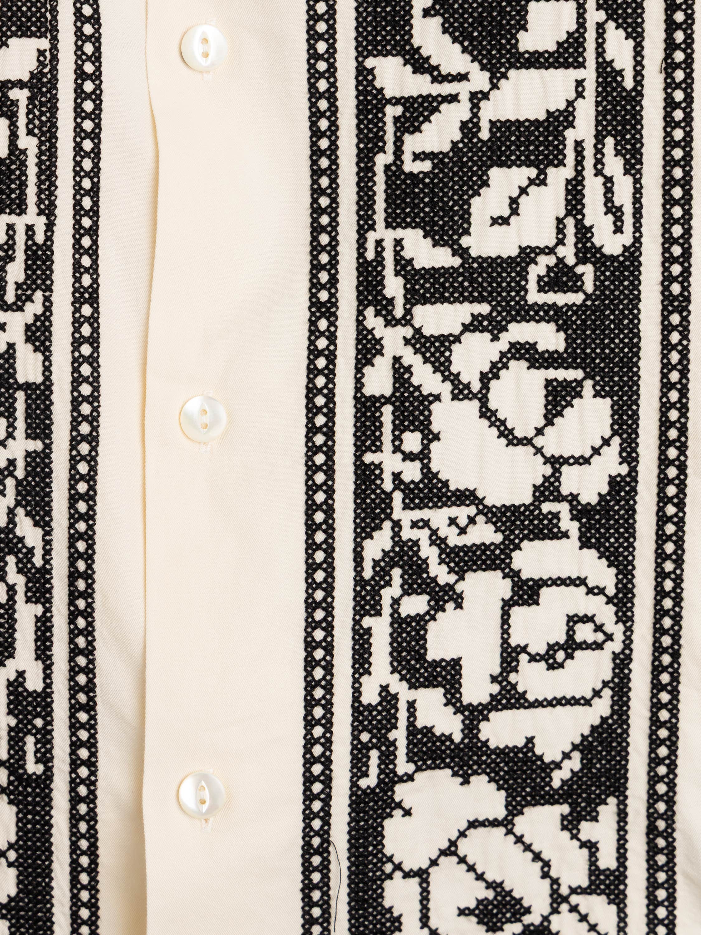 Light Beige Cross Stitch-Ecru Camp Collar Shirt