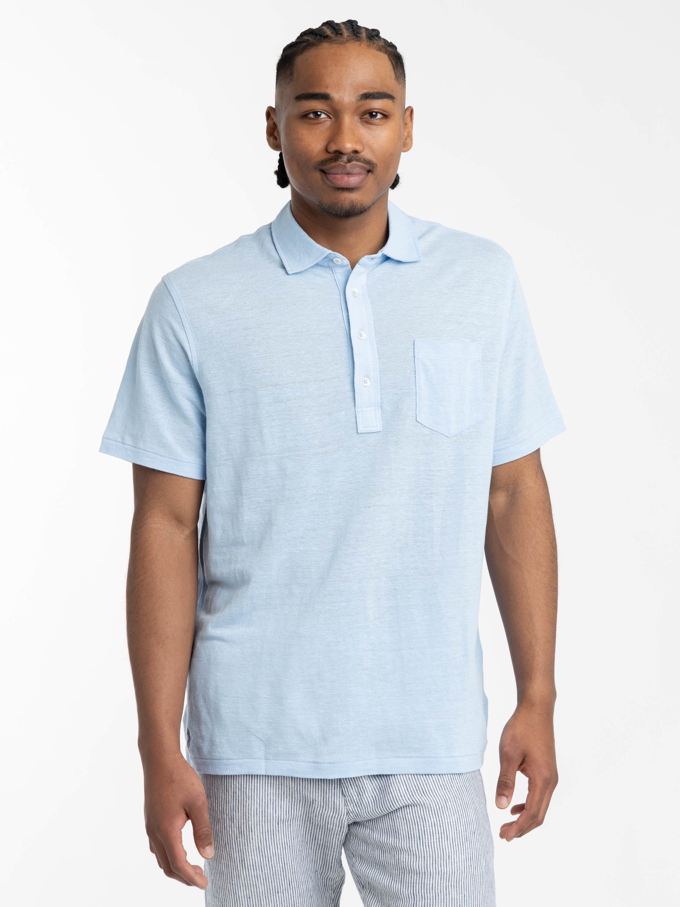 Light Blue Piqué Chest-Pocket Cotton Polo Shirt