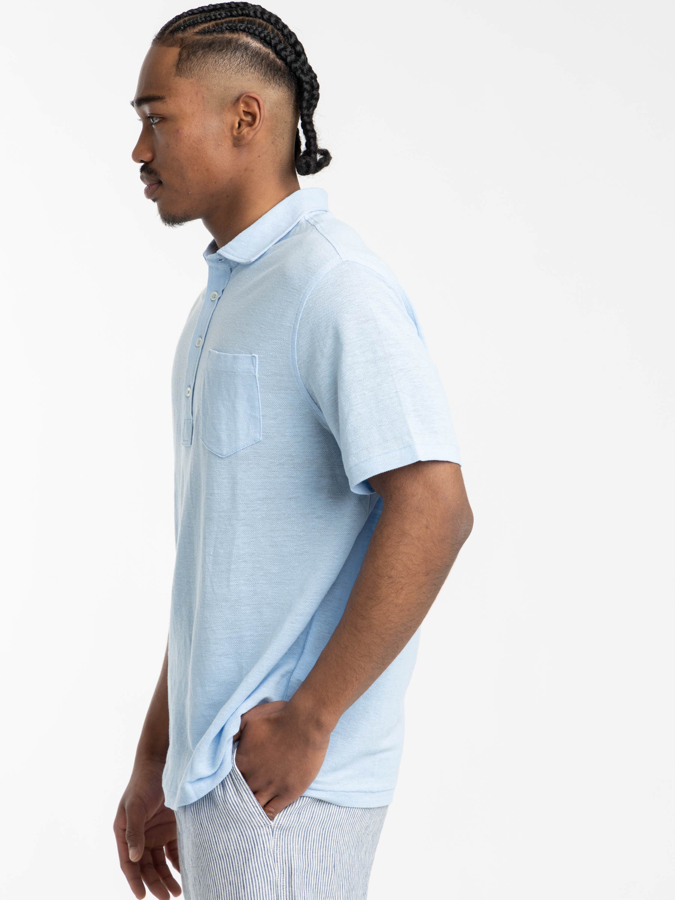 Light Blue Piqué Chest-Pocket Cotton Polo Shirt