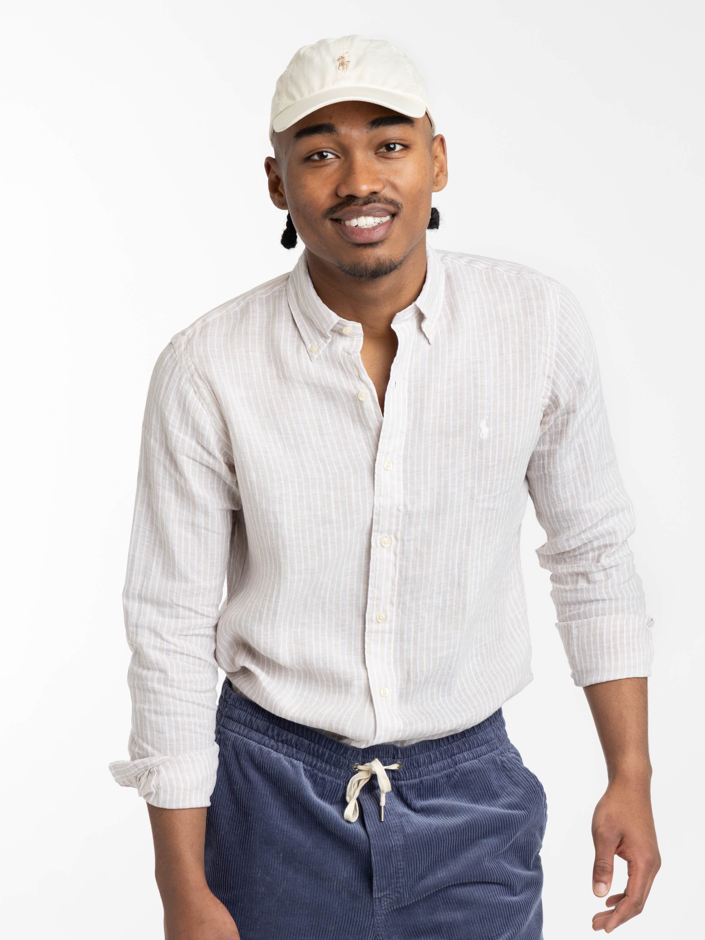 Light Brown Striped Linen Button-Down Shirt