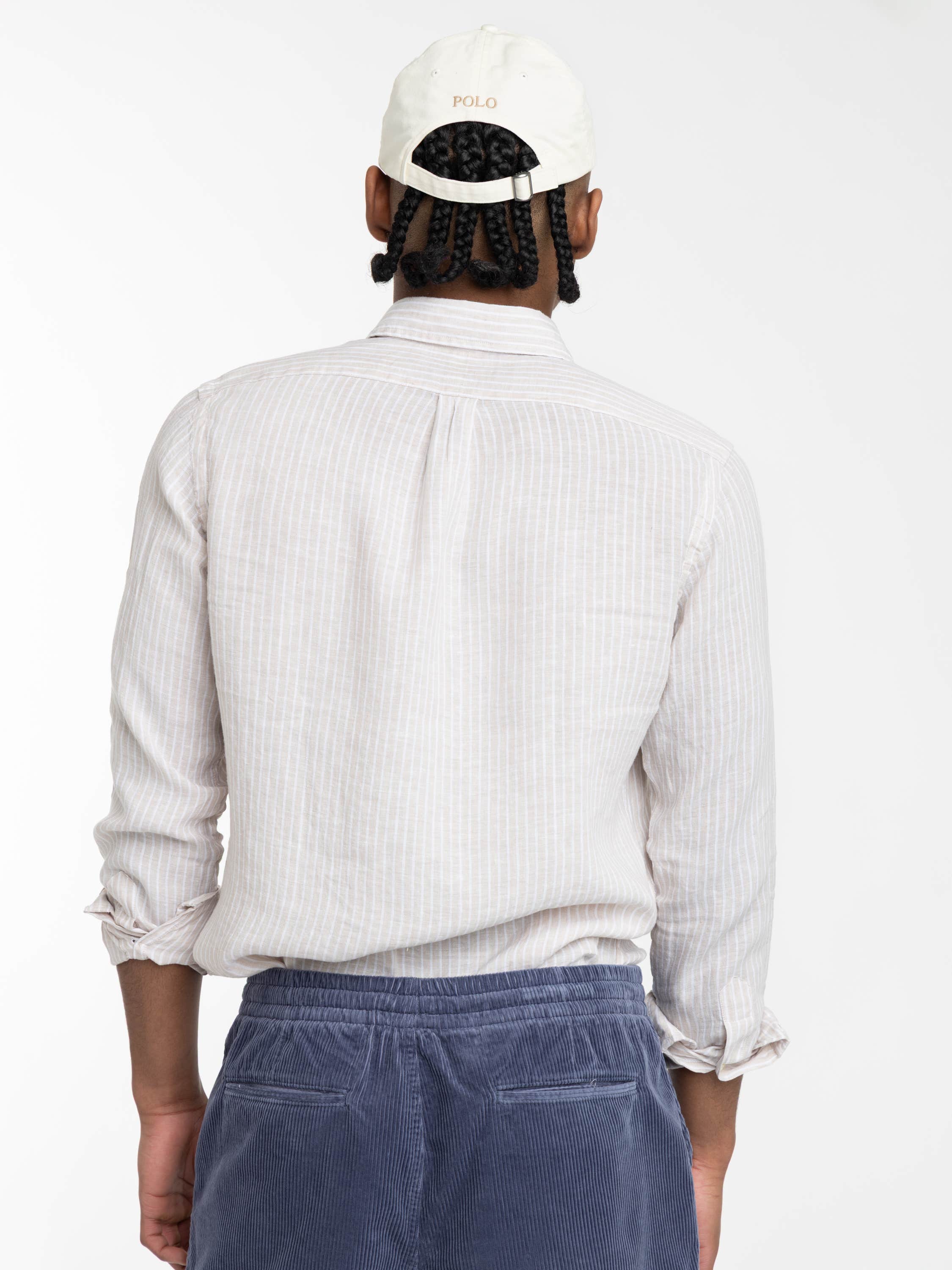 Light Brown Striped Linen Button-Down Shirt