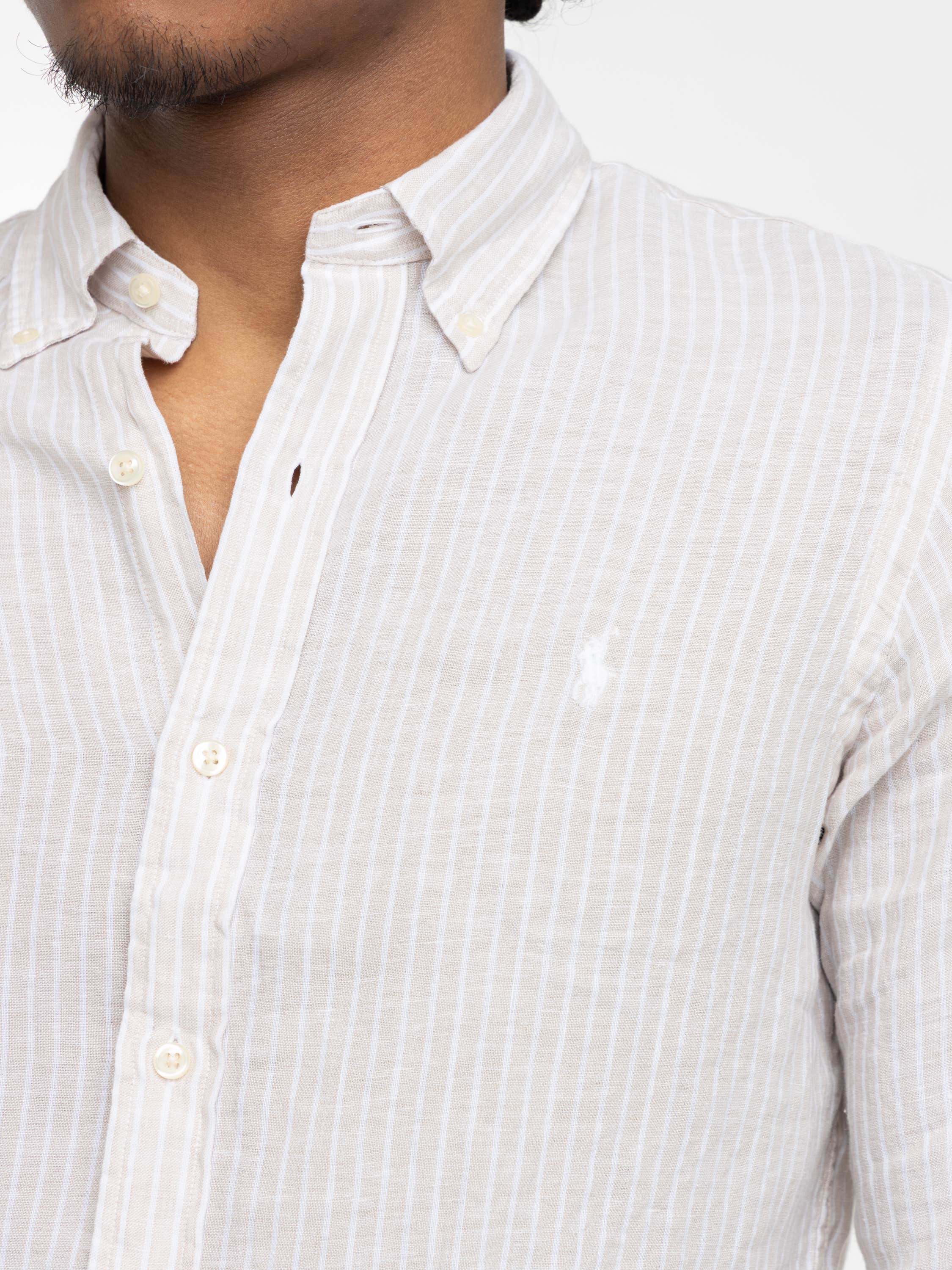 Light Brown Striped Linen Button-Down Shirt