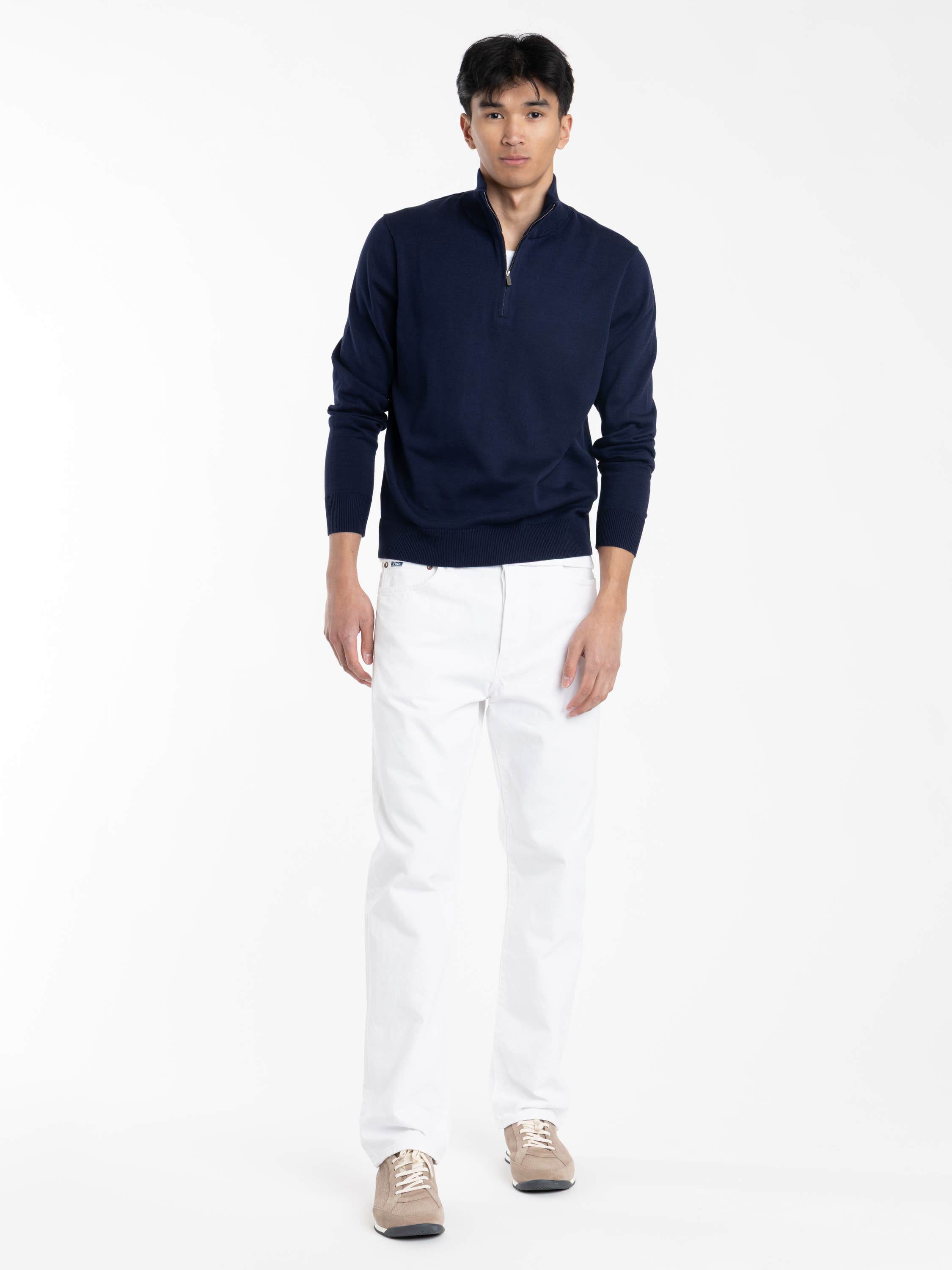 Navy Cotton Quarter-Zip Mockneck Sweater