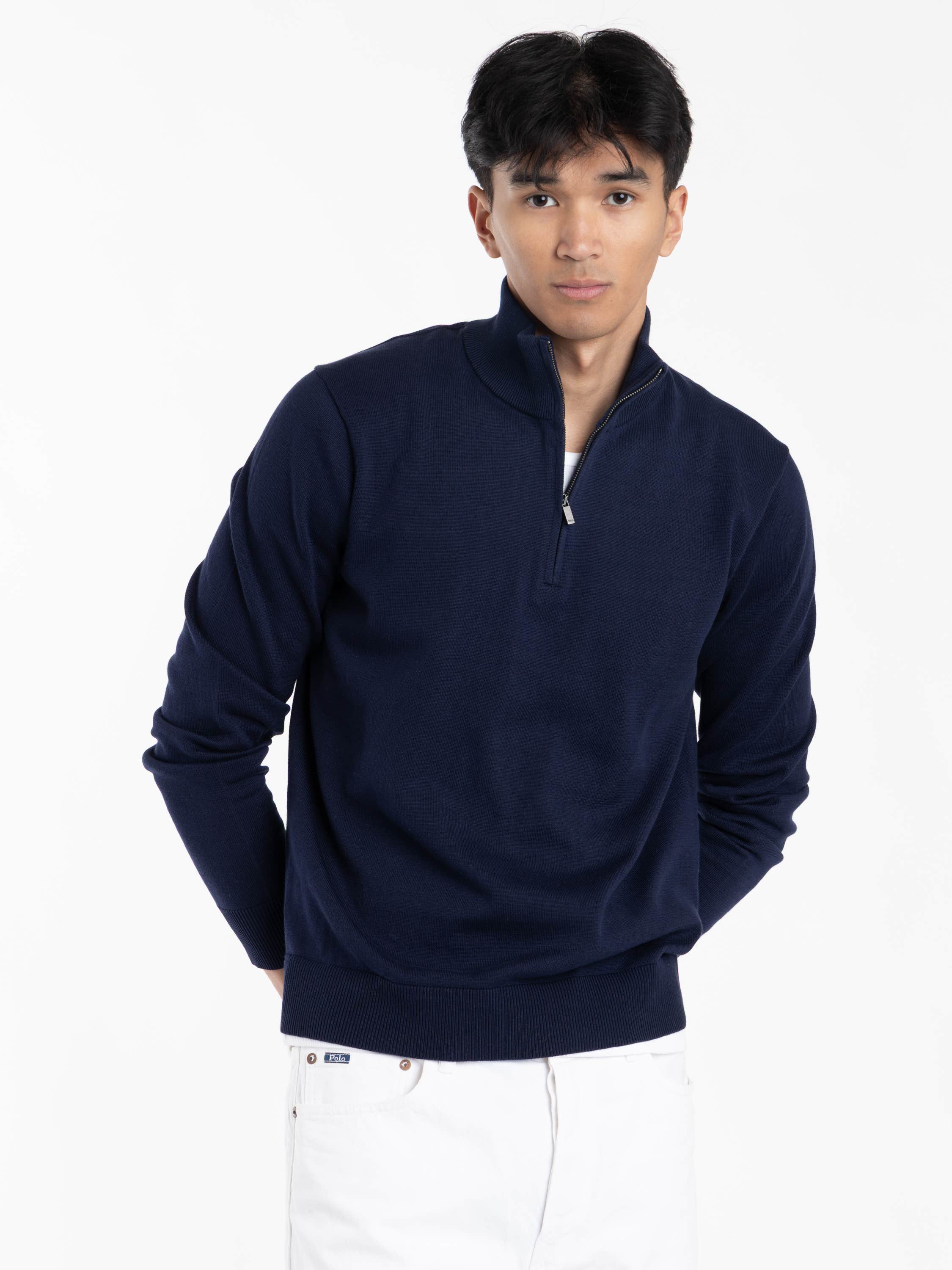 Navy Cotton Quarter-Zip Mockneck Sweater