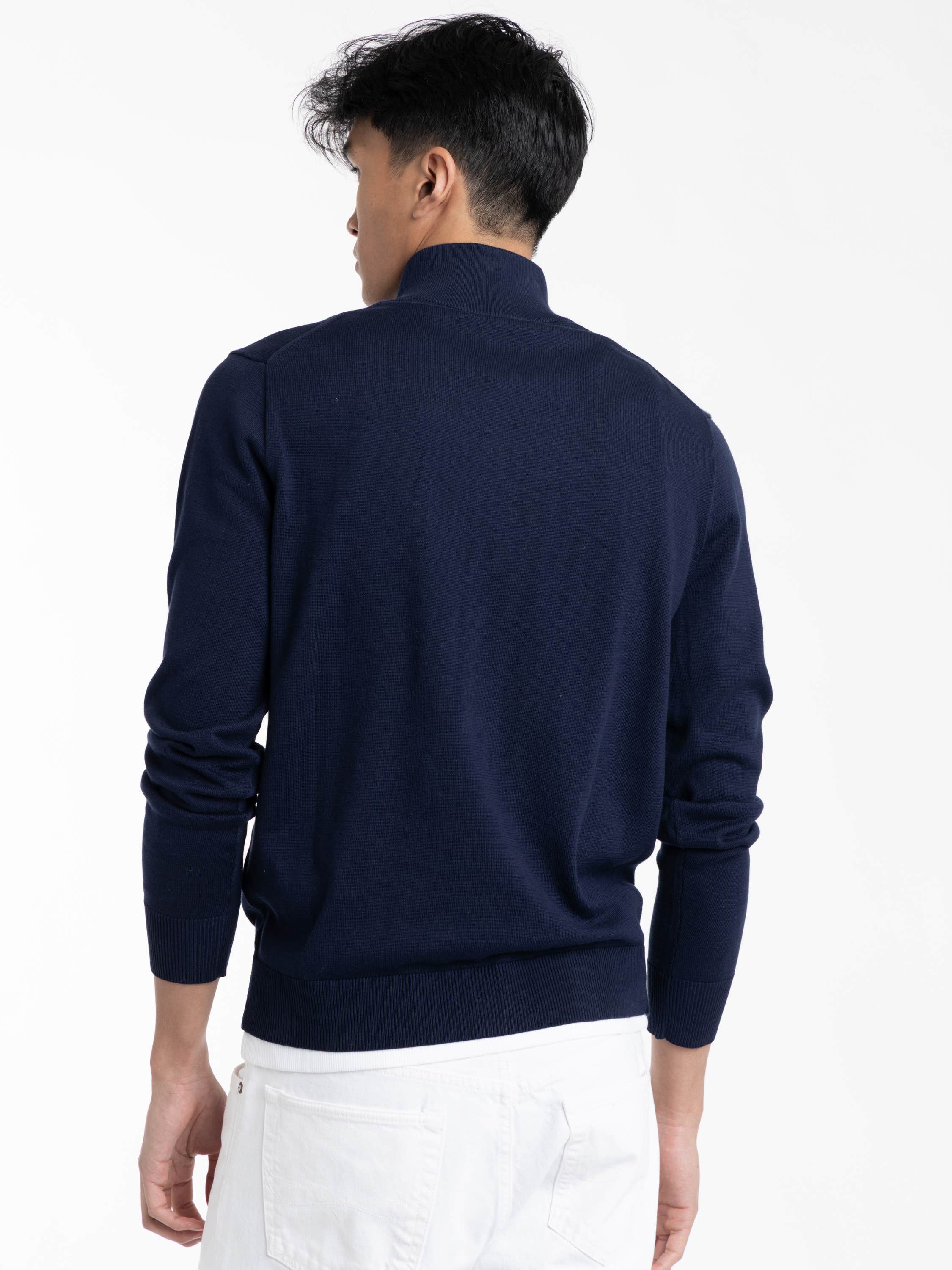 Navy Cotton Quarter-Zip Mockneck Sweater