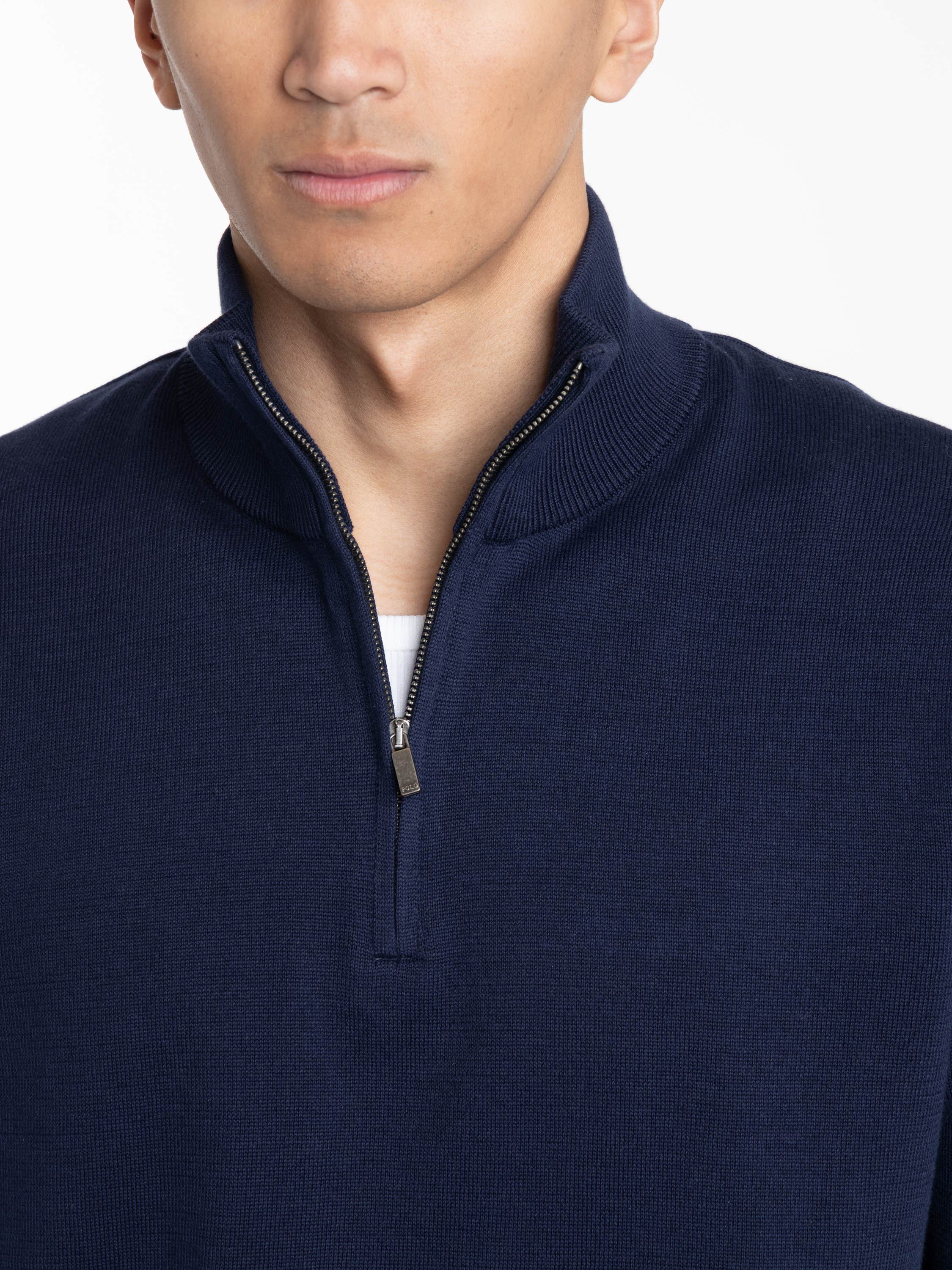 Navy Cotton Quarter-Zip Mockneck Sweater
