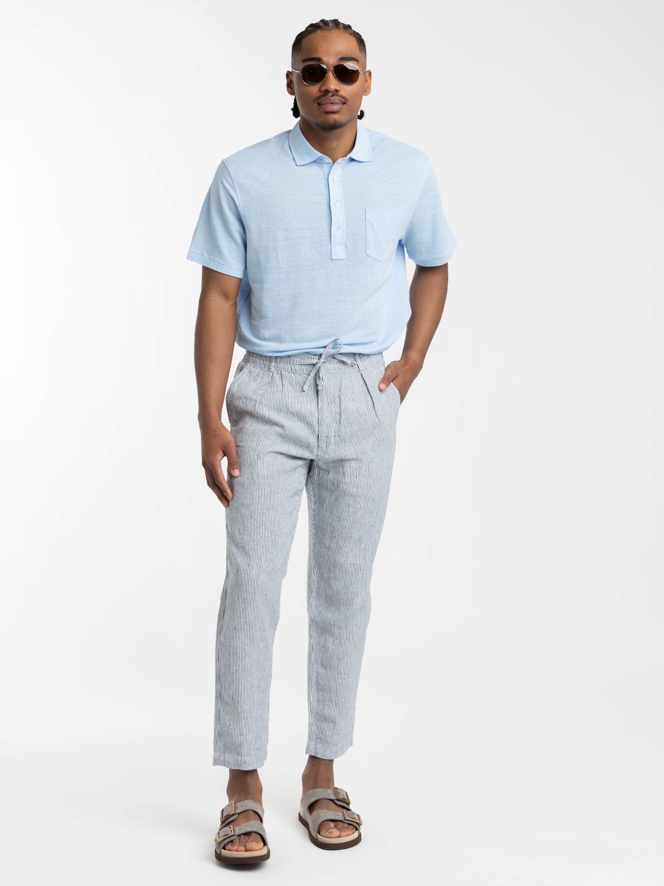 Navy Micro Stripe Lateef Slim Tapered Fit Linen Pant