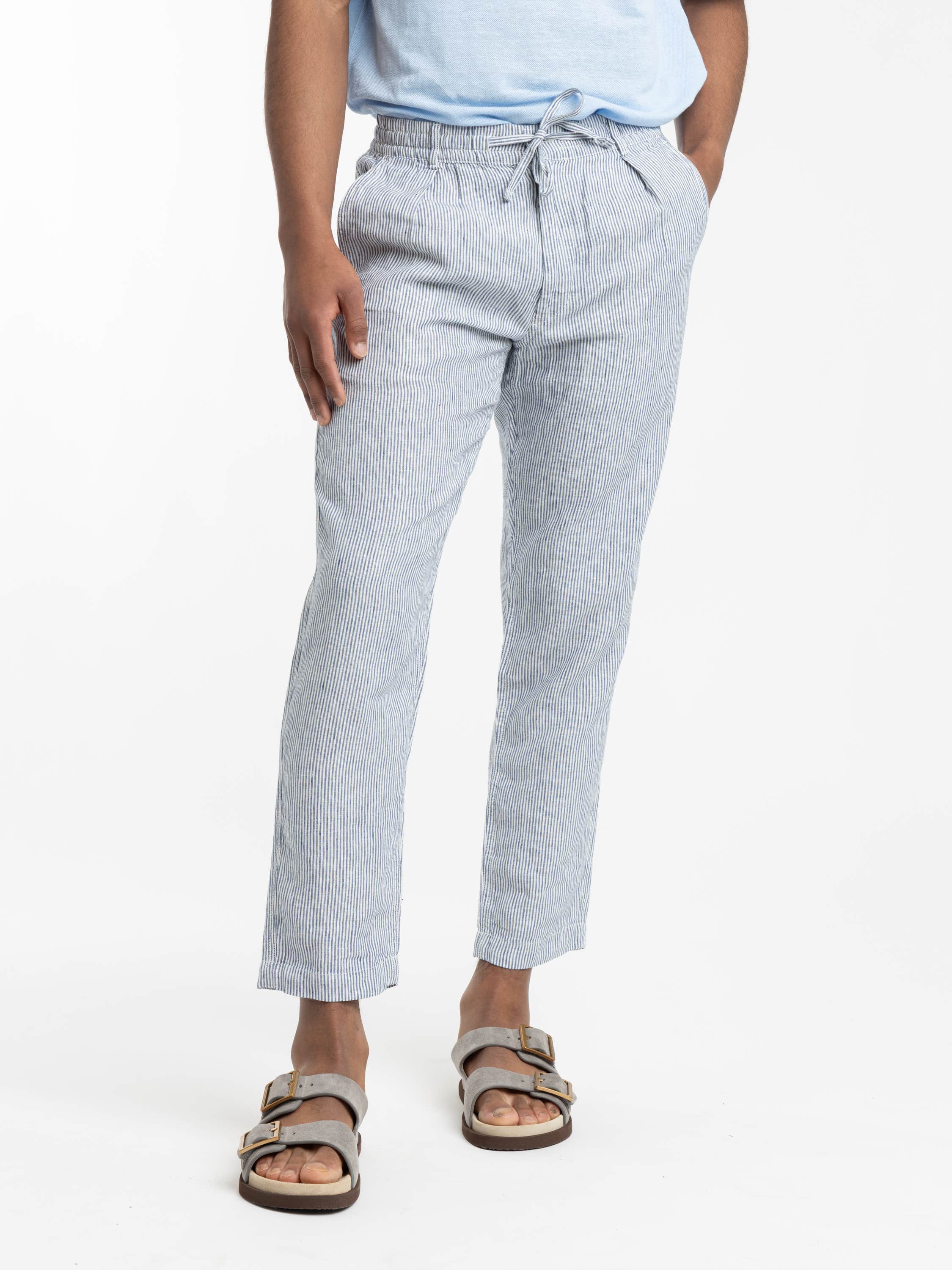 Navy Micro Stripe Lateef Slim Tapered Fit Linen Pant