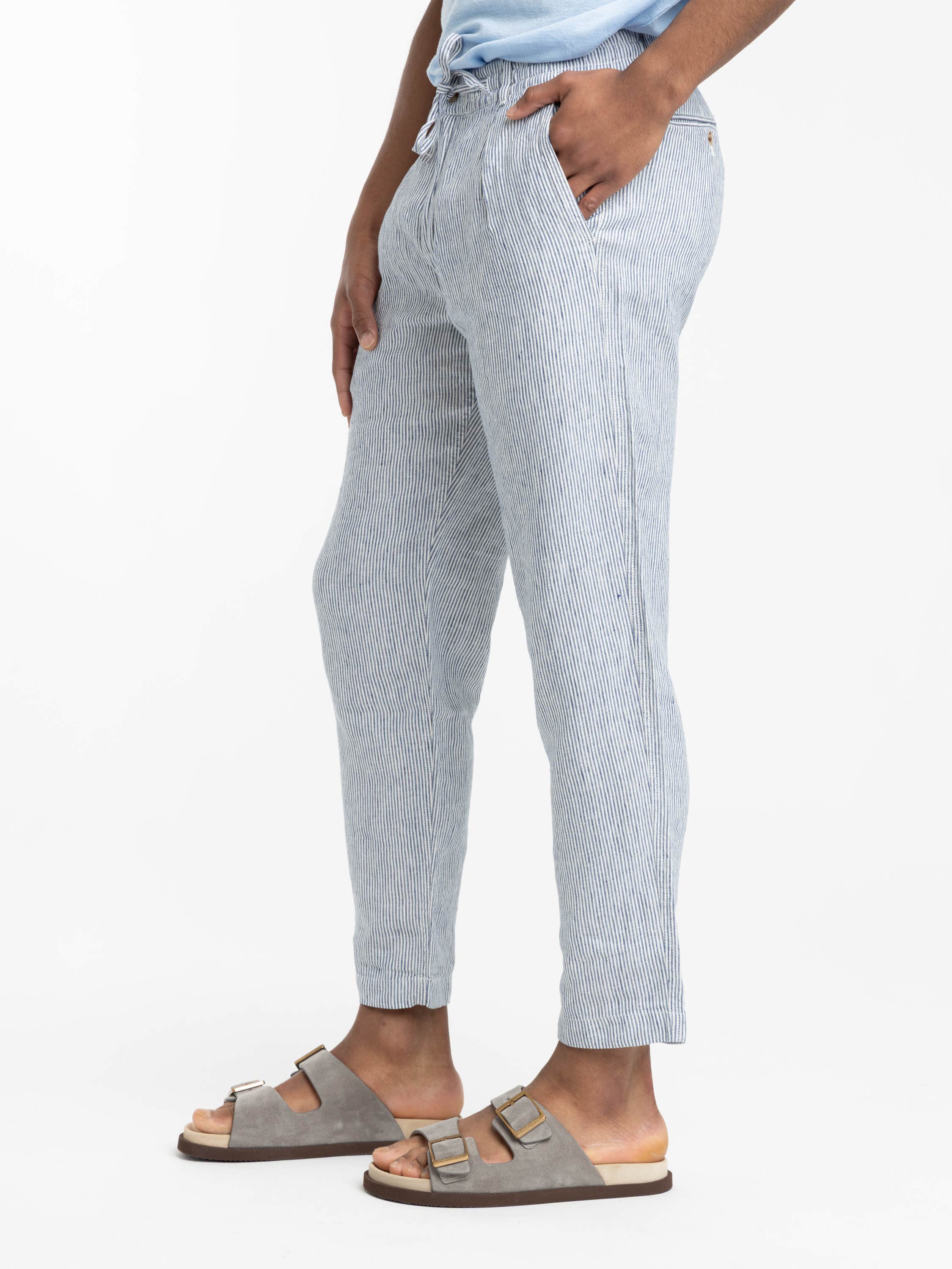 Navy Micro Stripe Lateef Slim Tapered Fit Linen Pant