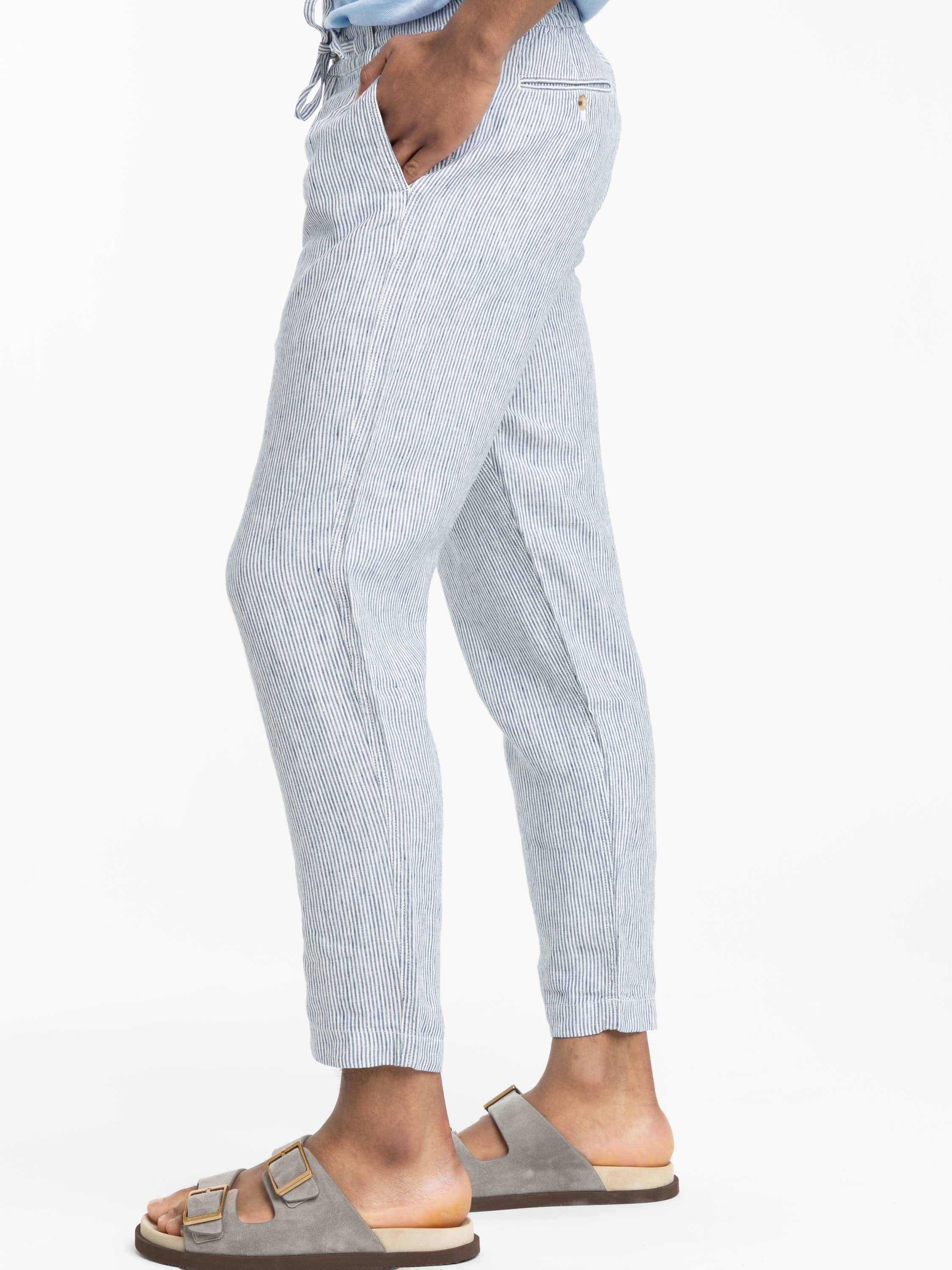 Navy Micro Stripe Lateef Slim Tapered Fit Linen Pant