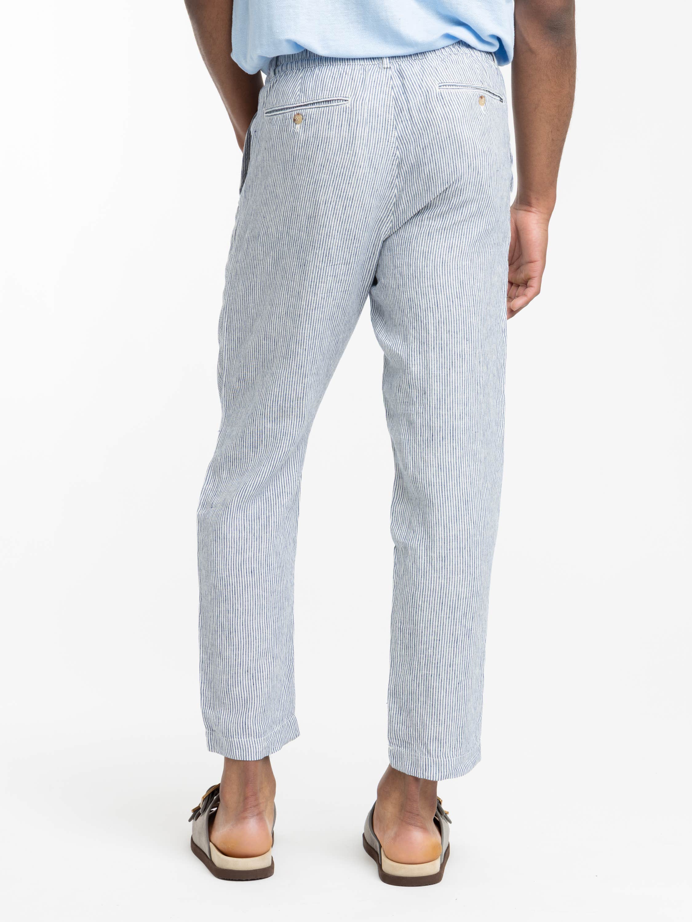 Navy Micro Stripe Lateef Slim Tapered Fit Linen Pant