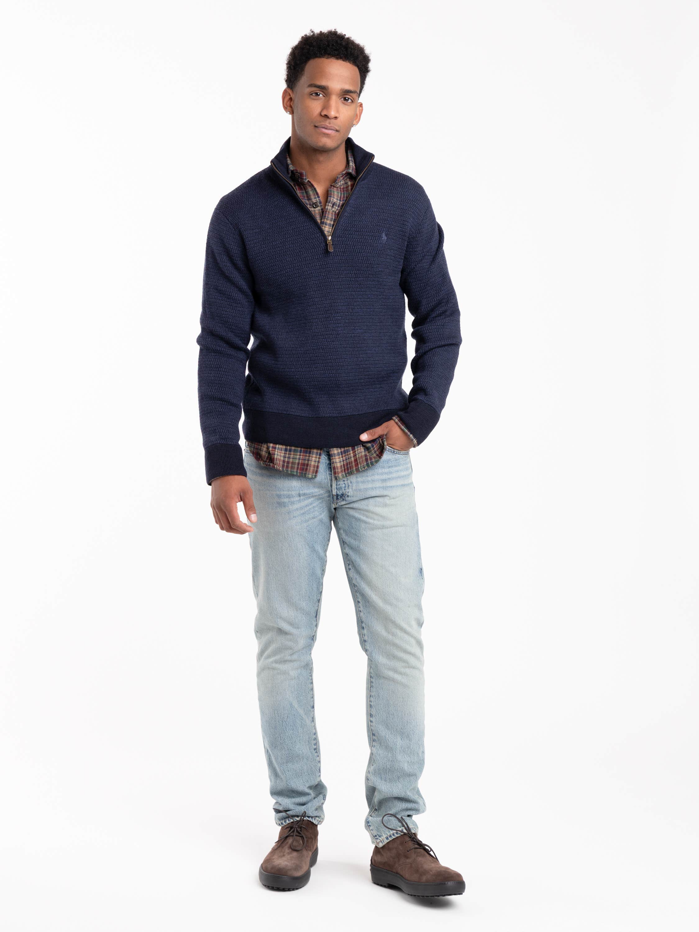 Navy Wool Waffle Knit Quarter-Zip Sweater