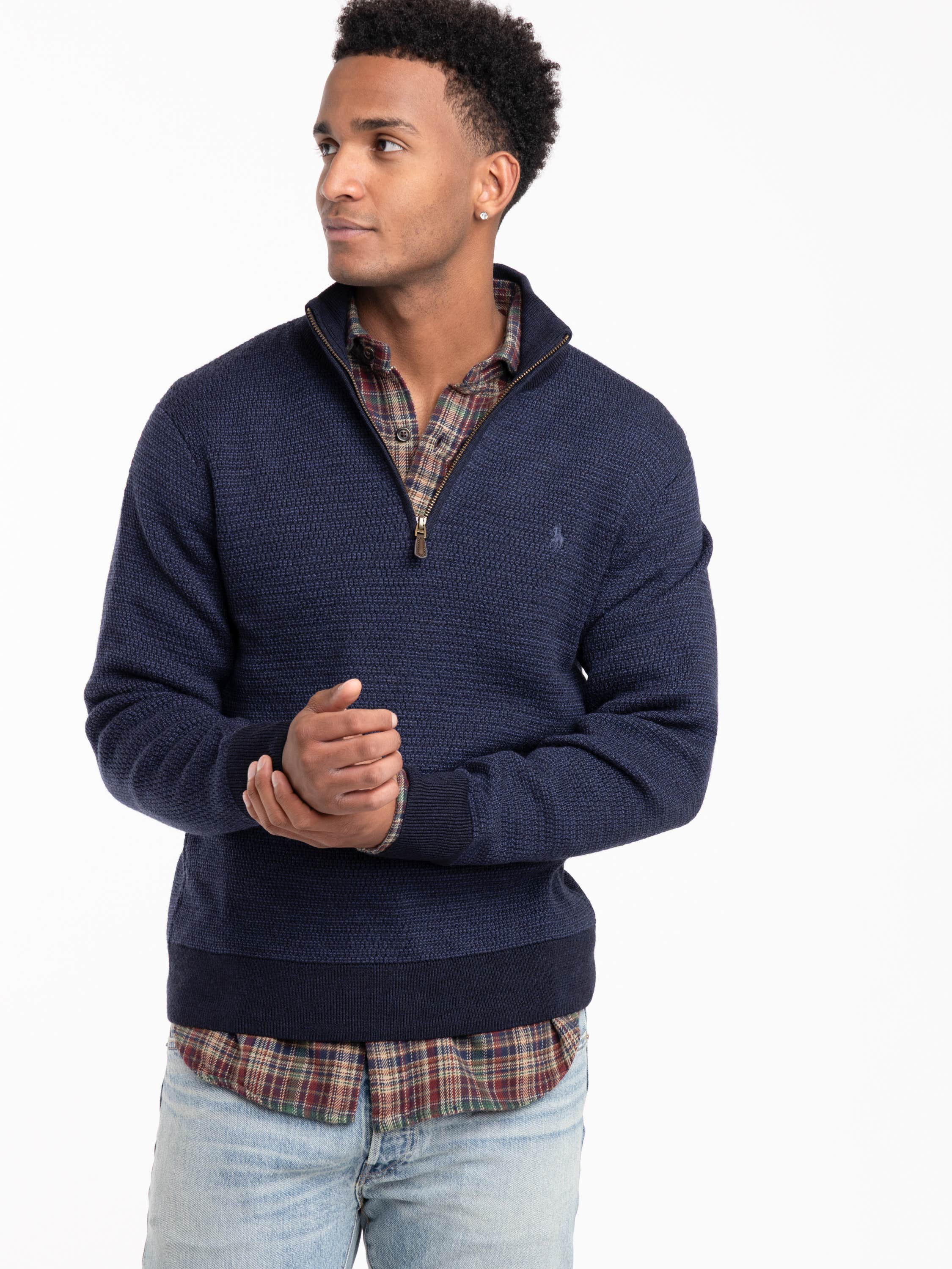 Navy Wool Waffle Knit Quarter-Zip Sweater
