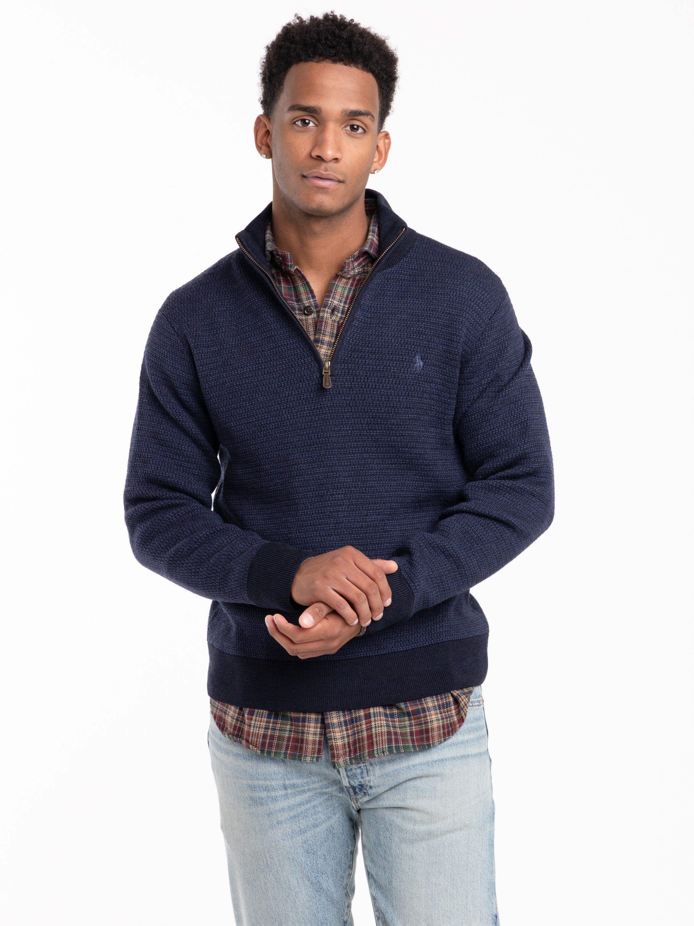 Navy Wool Waffle Knit Quarter-Zip Sweater – The Helm Clothing
