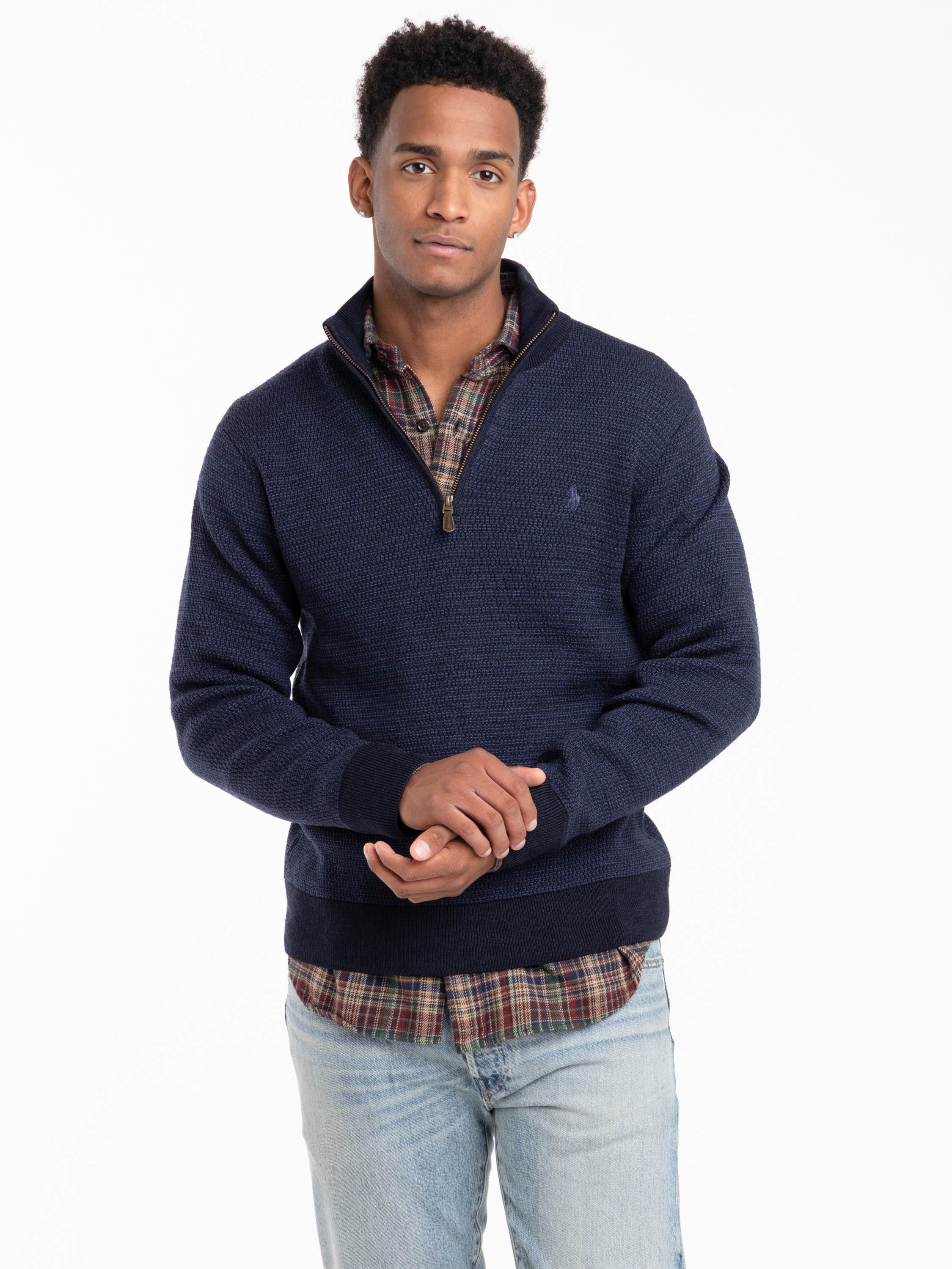 Navy Wool Waffle Knit Quarter-Zip Sweater